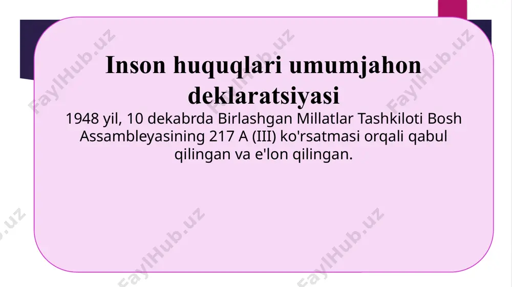 orada bmt bosh assambleyasining “ma’rifat va diniy bag‘rikenglik” maxsus rezolyutsiyasini qabul qilish tashabbusi ilgari surildi. ushbu tashabbus bmtga a’zo 193 ta mamlakatlar tomonidan qo‘llab-quvvatlandi va 2018 yil 12 dekabrda bmt bosh assambleyasi 73-sessiyasi 51-yig‘ilishida a/res/73/128-raqamli “ma’rifat va diniy bag‘rikenglik” rezolyutsiyasi yakdillik bilan qabul qilindi. davlat rahbari bmt yuksak minbarida turib so‘zlar ekan, o‘zbekiston tomonidan taklif etilgan rezolyutsiyaning asosiy maqsadi “barchaning ta’lim olish huquqini ta’minlashga, savodsizlik va jaholatga barham berishga ko‘maklashishdan iborat“ ekanini qayd etdi. bmt bosh assambleyasi tomonidan 2018 yil 12 dekabrda qabul qilingan “ma’rifat va diniy bag‘rikenglik” nomli maxsus rezolyusiyaning asosiy maqsadi — barchaning ta’lim olish huquqini ta’minlashga, savodsizlik va jaholatga barham berishga ko‘maklashishdan iborat. e’tiboringiz uchun raxmat! 21 image1.jpeg