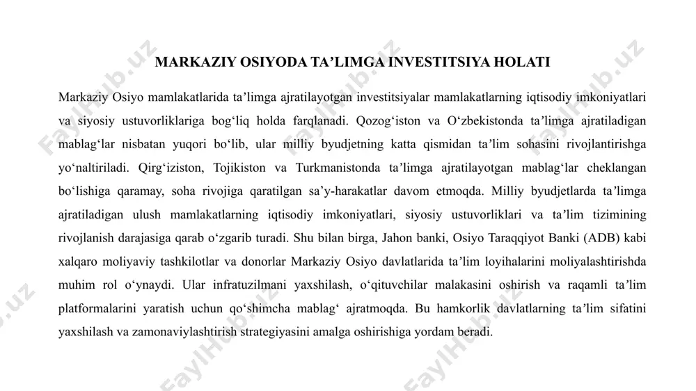 moqda. bu esa o‘quv jarayonining sifatini sezilarli darajada oshiradi. raqamli platformalar va elektron taʼlimning rivojlanishi taʼlimni yanada qulay va samarali qiladi, talabalar va o‘qituvchilarga masofadan ham sifatli bilim olish imkonini yaratadi. ijtimoiy infratuzilmani yaxshilash doirasida yotoqxonalar, sport inshootlari va madaniy markazlar qurilishi ham taʼlim muassasalarining kompleks rivojlanishiga xizmat qiladi. bu esa talabalar uchun qulay va sog‘lom muhit yaratib, ularning taʼlimga bo‘lgan motivatsiyasini oshiradi. umuman olganda, taʼlim infratuzilmasini modernizatsiya qilish mamlakatlarning taʼlim tizimini zamonaviy va raqobatbardosh qilishga xizmat qiladi. kasb-hunar taʼlimiga investitsiyalar kasb-hunar taʼlimiga investitsiyalar mehnat bozorining talablariga mos kadrlarni tayyorlashda muhim ahamiyat kasb etadi. zamonaviy sanoat va xizmat ko‘rsatish sohalarida faoliyat yuritishga qodir mutaxassislarni yetishtirish uchun yangi texnologiyalar va mehnat bozorining o‘zgaruvchan ehtiyojlariga mos yo‘nalishlar rivojlantirilmoqda. bu esa yoshlarning ish bilan taʼminlanish darajasini oshirishga yordam beradi, chunki ular o‘z sohalarida zamonaviy bilim va ko‘nikmalarga ega bo‘ladi. natijada, kasb-hunar taʼlimiga kiritilgan investitsiyalar iqtisodiy samaradorlikni oshirib, mamlakatlar iqtisodiyotining barqaror rivojlanishiga xizmat qiladi. …