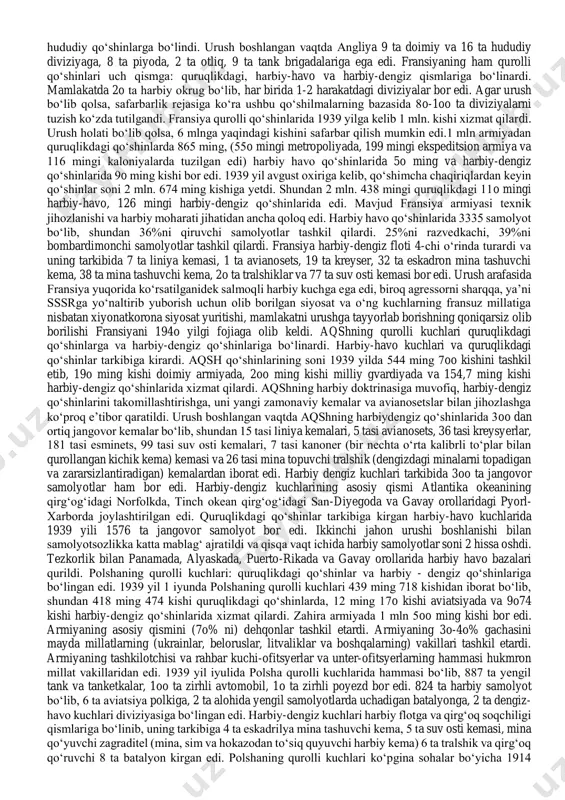 a 1o7 ming kishi va havo-aloqa qo‘shinlarida 58 ming kishi bor edi. shulardan 2o ming kishi uchuvchilar edi. ofitsyerlar soni harbiy havo kuchlarida 1939 yili iyunida 12 ming kishidan 1939 yil avgustiga kelib 15 ming kishiga yetdi. urush boshlanganda germaniyaning harbiy dengiz kuchlaridagi tayyorgarlik darajasi ancha past edi. m: u angliya flotidan 7 marta, fransiya flotidan 3 marta past darajada edi. admiral denits aytganidek, «germaniya 1939 yilning yozida angliya dengiz flotiga qarshi tura oladigan darajada kuchga ega bo‘lgan harbiy dengiz flotiga ega emas edi». urush boshlanganda germaniyaning harbiy dengiz flotida 15o ming 557 ta kishi va 1o7 ta harbiy kema bor edi. shundan 2 ta linkor, 2 ta og‘ir va 6 yengil keyser (tez yurar katta harbiy kema), 3 ta «kormanno‘x» kreyser, 37 ta mina tashuvchi va joylashtiruvchi kema, 57 ta suv osti kemasi bor edi. italiyaning qurolli kuchlari ham uch xil bo‘lib, piyoda, harbiy havo, harbiy dengiz kuchlaridan iborat …