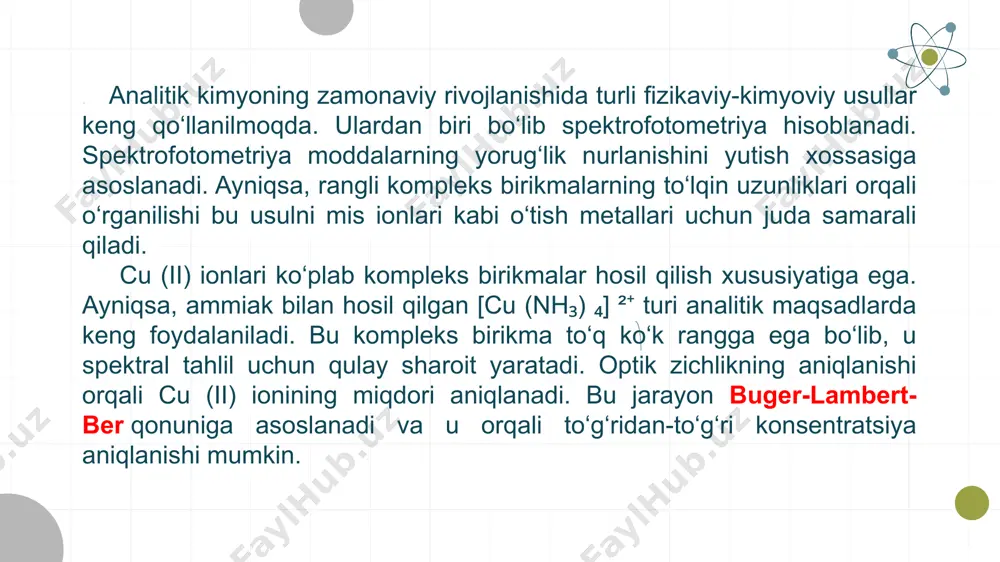 tilishga ega bo‘ladi. bu qiymat spektrofotometr yordamida aniqlanadi. optimal λ_max ni aniqlash, aniqlikni oshiradi va xatolikni kamaytiradi. pkompleks birikmalar barqarorligi ph ga bevosita bog‘liq. cu(ii)-nh₃ komplekslari neytral va kuchsiz ishqoriy muhitda eng barqaror bo‘ladi. juda kislotali sharoitda nh₃ protonlanib, nh₄⁺ ioniga aylanadi va kompleks hosil bo‘lmaydi. juda ishqoriy sharoitda esa cu (oh)₂ cho‘kmasi hosil bo‘lishi mumkin. optimal ph 7.5–9.0 oraliq hisoblanadi. ushbu ph da kompleks hosil bo‘lishi to‘liq kechadi va optik zichlik maksimal qiymatga ega bo‘ladi. kompleks hosil bo‘lishi vaqt talab etuvchi jarayon. amalda kompleks 2–5 daqiqa ichida hosil bo‘ladi, lekin to‘liq barqarorlikka erishish uchun 20–30 daqiqa kerak bo‘ladi. bu vaqt o‘tgach, spektrofotometrik o‘lchovlar amalga oshiriladi. barqarorlikning saqlanishi 1 soatgacha davom etadi, keyin rang susayishi mumkin. e’tiboringiz uchun rahmat! image1.jpeg