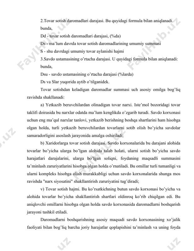 aning ishlab chiqarish, sotish tarkibining barcha bo’g’inlari uning marketing xizmatini va ishining samaradorligani aniqlaydi. pirovard natijada narxlar ishbilarmonga, firmaga rejalashtirgan daromadini ta’minlaydi. narx - bu mehnat mahsulining qiymatini pul shakli bo’lib, mahsulot muomalasi sharoitida almashtirish sohasidagi o’zgarishlar, mahsulot-pul munosabatlarini belgilash vositasi. bu esa xo’jalik yurituvchi subyektlarning moliya resurslarini yig’ilishiga imkon yaratadi. xizmat ko’rsatish sohasiga va mahsulot muomalasi shakliga qarab narxlar quyidagi turlarga bo’linadi. ulgurji narx - bu ko’tara-savdo bazalari har xil chakana savdo muassasalariga tovarlarni sotadigan narxdir. u o’z navbatida korxona ulgurji narxi va ulgurji sotuvchi tashkilotlarning savdo qo’shimchalaridan iborat. chiqarish iarxi - bu mahsulot ishlab chiqaruvchi korxonalarni o’z xaridorlariga aholidan tashqarida hisob-kitob qiladigan narxdir. bu narx har ikkala tomonning kelishuvi bilan yoki narx belgilovchilar tomonidan belgilanadi. mahsulot ishlab chiqaruvchilar (sotuvchilar) har hil saviyadagi narxlarni bir turdagi mahsulot bo’yicha kelishish huquqiga ega, bunga mahsulot yetkazib berish, pul to’lash, bozor nomenklaturasi, mavsumiy talab kabilar ta’sir ko’rsatadi. ko’tara ustamalarning iqtisodiy mohiyati shundan …