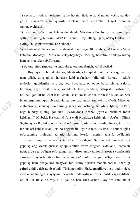 keskin farq qiladi: biror harakatni qilish qilmaslikka ko‘rsatma beradi. 1) harakatni bajarishga chaqiruvchi undovlar hayvon va parrandalarga nisbatan ishlatilishga xoslangan: chu, tss (otga), xix (eshakka) v.h 2) harakatni bajarmaslikka chaqiruvchi undovlar ham asosan hayvon va parrandalarga nisbatan ishlatishga xoslangan: dirr, tak (otga), ish (eshakka) v.h undovlarning alohida guruhi-kishilar orasidagi muomalamurojaat birliklari keltiriladi. undovga aylanmagan, hali leksemalik xususiyatini saqlagan bu birliklarni undov turkumiga kiritish o‘ta shartli bo‘lib, quyidagicha ma’nolarni bildirish uchun xizmat qiladi: 1) ko‘rishishni, xayrlashishni bildiradi: assalomu alaykum, xayr v.h 2) tabrik, istak, minnatdorlik va unga javobni bildiradi: hormang – bor bo‘ling, salomat bo‘ling; qutlug‘ bo‘lsin - qulluq; rahmat - arzimaydi kabi. 3) biror faoliyatni ko‘tarinki ijobiy baholashni bildiradi: balli, barakallo,ofarin q.sapayev “taqlid so‘zlar” ta’rifi haqida quyidagicha fikirlarni aytadi. kishi bоrliqdаgi nаrsаlаrning turli tоvushlаri, shаrpаlаri, hаrаkаt vа shu’lа ko‘rinishlаrigа o‘z tоvushi bilаn tаqlid qilаdi yoki ulаrning tоvush dеb tаsаvvur qilinаdigаn hоlаtini yarаtаdi. тurli shаrpа-tоvushlаrning yoki shu’lа-hаrаkаtlаrning hоlаti bo‘lgаn so‘zlаr tаqlidiy …