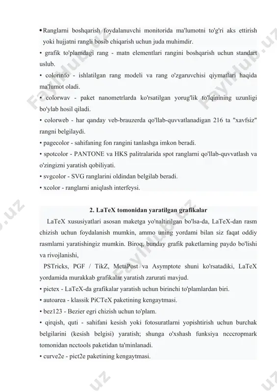 gf / tikz, metapost va asymptote shuni ko'rsatadiki, latex yordamida murakkab grafikalar yaratish zarurati mavjud. • pictex - latex-da grafikalar yaratish uchun birinchi to'plamlardan biri. • autoarea - klassik pictex paketining kengaytmasi. • bez123 - bezier egri chizish uchun to'plam. • qirqish, quti - sahifani kesish yoki fotosuratlarni yopishtirish uchun burchak belgilarini (kesish belgisi) yaratish; shunga o'xshash funksiya ncccropmark tomonidan ncctools paketidan ta'minlanadi. • curve2e - pict2e paketining kengaytmasi. • egri chiziqlar - parabola va boshqa egri chiziqlarni chizish uchun rasm muhiti uchun kengaytma. • ebezier - bezier egri chizish uchun rasm muhitiga kengaytma. • ecltree - bu rekursiv daraxtlarni chizish uchun rasm muhitini kengaytirish. • eepic - rasm muhitidan buyruqlarni kengaytirish va takomillashtirish. • bxeepic ushbu to'plam eepic funktsiyalarini pict2e mexanizmi orqali amalga oshiradi. • lapdf - pdf buyruqlari yordamida grafik ibtidoiylarni chizish. • pict2e - rasm muhitining ko'plab cheklovlarsiz yaxshilangan versiyasi. • xypic - tex yordamida grafikalar va …