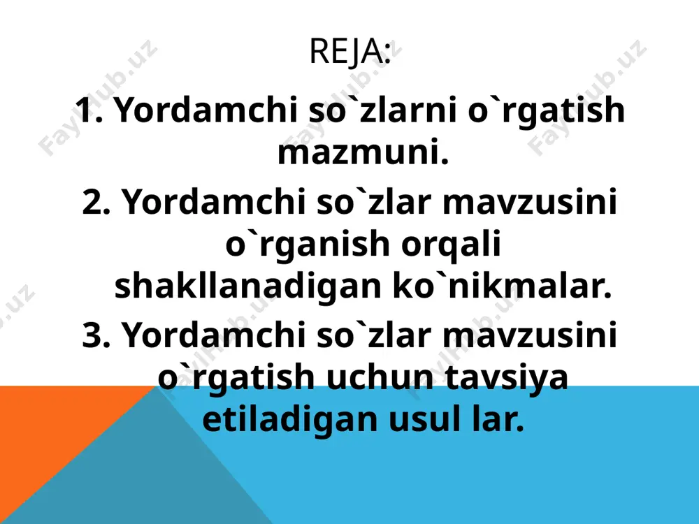 ehamasi, haqida), jo‘nalish kelishigidagi so‘zlar bilan qo‘llaniladigan ko‘makchilar (masalan, tomon, qadar, ko‘ra, qarab, qaraganda, qarata), chiqish kelishigidagi so‘zlar bilan qo‘llani!adigan ko‘mak- chilar (masalan, so'ng, keyin, boshqa, tashqari)m alohida-alohida ro‘yxat qilish, ma’lum bir ko‘makchini uning sinonimi bilan almashtirish, gaplarda bilan so‘zini va bog‘lovchisi bilan almashtirish, bu so‘zlarning qaysi holatda bog‘lovchi bo‘lib kelishini aniqlash kabi amaliy ishlardan foydalansa bo‘ladi. yordamchi so‘zlarning yana bir muhim qismini bog'lovchilar tashkil etadi. bu so‘zlarni o‘quvchilaming nutqiy faoliyatiga olib kirish uchun sodda gap juftlarini o‘zaro biriktirib, bitga gapga aylantirish, ularning o‘zaro bog‘lanish vositalarini aniqlash, juft va yakka bog‘lovchilarni alohida-alohida guruhlarga ajratish, teng bog‘lovchilar va ergashtiruvchi bog‘lovchilar ro‘yxatini tuzish, ular yordamida gaplar qurish, matn yaratish kabi amaliy ishlardan foydalansa bo‘ladi. mazkur mavzuni o‘rganishda ohang va bog‘lovchilaming o‘zaro vazifadoshligi ustida ishlashni ham unutmaslik lozim. yuklamalarni o‘rganish jarayonida berilgan gaplarni o‘zaro qiyoslab, ma’no farqlarini, bu farq nima bilan berilayotganligini aniqlash (masalan, gullarga suv berdim—gullarga suv berdim-ku), berilgan yuklamalarni (masalan, -mi, …