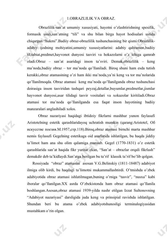 i 1939-yilda nashr etilgan izzat sultonovning “adabiyot nazariyasi” darsligida juda keng va prinsipial ravishda ishlatilgan. shundan beri bu atama o’zbek adabiyotshunosligi terminalogiyasidan mustahkam o’rin olgan. 2.badiiy obraz va uning asosiy xususiyatlari. ma’lumki,san’at va adabiyotda hayot obrazlar vositasida aks ettiriladi. san’atkor hayotni kuzatadi,kuzatgan voqealarini tafakku olamidan o’tkazadi,ularni qayta tashkil qilib yana jonli hayot shaklida yaratadi. hayot voqea-hodisalarini qayta tiklashda inson obrazi g’oyatda muhim rol o’ynaydi. v.g.belinskiyning fikricha, “roman yoki qissada shaxslar,xarakter va tipiklik bo’lmasa,hayot-voqeligi qay darajada to’g’ri chizilgan bo’lmasin kitobxon undan hayotning real aksini topa olmaydi”. («русскле писатели о литературним труд»,л.1954,т.1,стр.526.) bundan badiiy asarda obraz qanchalik muhim ahamiyat kasb etishi anglashilarlikdir. shuni ham aytish kerakki, badiiy obraz deyilganda asosan inson obrazi tushiniladi va u adabiyotda xal qiluvchi rol o’ynaydi.g’oyaviy-badiiy yetuk asarlardagi kishilar obrazlari orqali biz ma’lum bir davr hayoti haqida keng va konkret ma’lumot olamiz.shu sababli quyida biz obraz haqida fikr yuritar ekanmiz, asosan, kishilik obrazini nazarda tutamiz. xo’sh, badiiy obrazning …