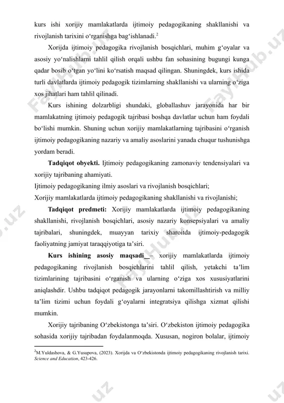 millar taʼsirida shakllangan.[footnoteref:3] [3: m.yuldashova, & g.yusupova, (2023). xorijda va o‘zbekistonda ijtimoiy pedogogikani rivojlanish tarixi. science and education,4(10), 423-426. ] hozirgi kunda global muammolarni hal qilishda ijtimoiy pedagogikaning oʻrni tobora ortib bormoqda. ushbu tajribani oʻrganish va milliy tizimga moslashtirish ijtimoiy sohadagi muammolarni samarali hal qilishga yordam beradi. oʻzbekiston ijtimoiy pedagogika sohasini rivojlantirish, ijtimoiy himoyaga muhtoj qatlamlarni qoʻllab-quvvatlash va taʼlim tizimini takomillashtirish boʻyicha muhim qadamlarni tashlamoqda. mamlakatda qabul qilingan qonunlar, davlat dasturlari va strategiyalar ijtimoiy pedagogikaning huquqiy asosini mustahkamlaydi va uning amaliyotga tatbiq etilishiga imkon yaratadi. ijtimoiy pedagogikaning amaliyotda rivojlanishi, oʻzbekistonda ijtimoiy pedagogika sohasi hali toʻliq shakllanmagan boʻlsa-da, turli tashkilotlar va muassasalar orqali rivojlanmoqda. ijtimoiy xizmat markazlari – bu yerda ijtimoiy pedagoglar muammoli oilalar, yetim bolalar va nogironligi boʻlgan shaxslar bilan ishlaydi. oliy taʼlim muassasalarida ijtimoiy pedagogika yoʻnalishi – hozirgi vaqtda koʻplab universitetlarda ijtimoiy pedagogika fan sifatida oʻqitilib, malakali mutaxassislar tayyorlanmoqda. xalqaro hamkorlik va loyihalar – bmtning bolalar fondi (unicef), yunesko …