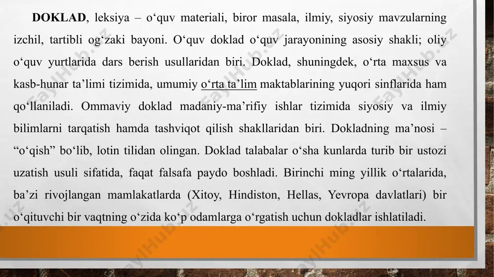 ning, shuningdek, uning muammolarini ochish vositasi hisoblanadi. bu mavzu mohiyati nima to‘liq rasm berish va boshqa fanlar bilan bir-biriga qanday ko‘rsatishga qodir. doklad bir necha asosiy turlari. ular maqsadlari, maqsad va uslub ustida qilingan qarab: kirish, ma’lumot, atrof rasmiy, muammo, imaging, binar, konferensiya, maslahat kabilarga bo‘linadi. kirish dokladlar maktab mavzusini tashkil etadi, nima birinchi fikr berish uchun, beriladi. shu sababli, talabalar kelajakda ish uchun tizimida o‘z yo‘lini topish mumkin. shuningdek, o‘qituvchi maruzalar va o‘quv jarayonining boshqa tashkiliy shakllari nimani anglatishini talabalarga tushuntirdi. u hisobotlarni qabul qilish va qachon nima shaklida ulardan foydalanish kerak. ilmiy doklad yaratish uchun: 1. tanlagan mavzu bo‘yicha yaratgan yangiligingiz(kashfingiz)ni dalillar asosida isbotlashdan boshlang; 2. ilmiy doklad og‘zaki bayon etilishini nazarda tutib, uni tinglovchilarga etkazish uchun, og‘zaki nutqning qonun-qoidalaridan xabardor bo‘ling; 3. bosh g‘oya(asosiy fikr)ni ochish yo‘lida faqatgina izchillikka, mantiqqa, faktlarga va isbotga amal qiling; 4. yozma nutq bilan og‘zaki nutqning dialektik aloqasiga erishing: biri ikkinchisini ko‘z-ko‘z …
