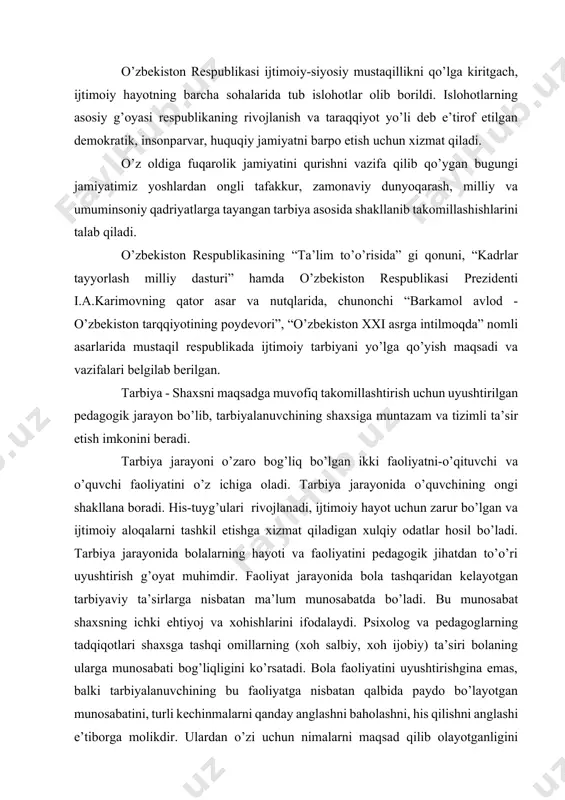 sabatda bo’ladi. bu munosabat shaxsning ichki ehtiyoj va xohishlarini ifodalaydi. psixolog va pedagoglarning tadqiqotlari shaxsga tashqi omillarning (xoh salbiy, xoh ijobiy) ta’siri bolaning ularga munosabati bog’liqligini ko’rsatadi. bola faoliyatini uyushtirishgina emas, balki tarbiyalanuvchining bu faoliyatga nisbatan qalbida paydo bo’layotgan munosabatini, turli kechinmalarni qanday anglashni baholashni, his qilishni anglashi e’tiborga molikdir. ulardan o’zi uchun nimalarni maqsad qilib olayotganligini bilishi zarur. bularning barchasi turli kishilar bilan aloqa qilish, jamoadagi munosabatlar jarayonida murakkablashib boradi. tarbiya jarayoni o’quvchining onginigina emas, balki his- tuyg’ularini ham o’stirib borishi, unda jamiyatning shaxsga qo’yadigan axloqiy talablariga muvofiq keladigan xulqiy malaka va odatlarni hosil qilishi lozim. bunga erishish uchun o’quvchining ongiga, hissiyotiga va irodasiga ta’sir etib boriladi. agar bularning birortasi e’tibordan chetda qolsa, maqsadga erishish qiyinlashadi. tarbiya jarayoniga o’qituvchi rahbarlik qiladi, o’quvchilar faoliyatini belgilaydi, ularni ijtimoiy jarayonda ishtirok etishlari uchun shart- sharoit yaratadi. ijtimoiy jarayonda faol ishtirok etish orqali o’quvchilarning mustaqilligi, ijodiy tashabbuskorligi ortib boradi. faoliyat o’quvchilar jamoasi manfaati …