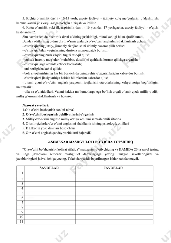 diniy birlik, til hamda anʼanalar, qadriyat va boshka jamiyatlarga hurmat orkali muhimlashtirish. bu yunalishda uchta asosiy omil kursatilgan. ularning asosida esa turtta asosiy milliy tafakkur xususiyatlari ajratiladi: a) har bir millat oʼzini soqial subʼekt sifatida kaboʼl qilishi; b) milliy, diniy faoliyat stimuli; v) boshka etnosdagilar; g) ularning ishonchiga hurmat bilan karash. taklif va xulosa sifatida kuyidagi fikrlarni keltirmokchimiz: - taʼlim muassasalarida oʼquvchi-yoshlar va talabalarning yoshiga mos ravishda milliy-axloqiy sifatlarni singdirish orkali oʼzligini anglashga yordam beradigan differenqial pedagogik-psixologik dasturlarni yaratish; - darslik, oʼquv kullanmalarda milliy-axloqiy sifatlar, qadriyatlar, ajdodlarimiz me-rosini aks ettiruvchi manbalardan unumli foy-dalanish; - taʼlim muassasalarida maʼnaviy-axloqiy tarbiyani bugungi kun talablari darajasiga kutarish, yoshlar dunyokarashiga taʼsir qiluvchi turli madaniy, siyosiy, ijtimoiy tadbirlarni tashqil etish; - pedagog qadrlarni maʼnaviy-axloqiy bilimlarini chukurlashtirish, oʼz fanining sirlarini yoshlarga yetkazishda milliy furoʼrni shakl-lantiruvchi tarixiy manbalardan foydalanish; - yoshlar bilan turli sohaning yetakchi, namunali, yaʼni zamonamiz qahramonlari bilan davra suxbatlari va uchrashuvlar oʼtkazish; ularda maʼnaviy axloqiy …