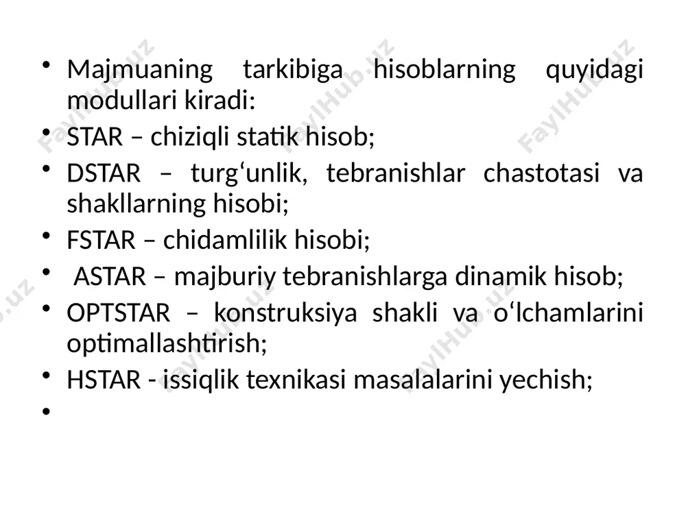 asosiy hisoblashlarni bajaruvchi quyidagi protsessor va modullar jamlamasidan tashkil topgan: chiziqli protsessor chiziqli deformatsiyalangan konstruksiyalarni statik va dinamik ta’sirlarga hisoblaydi. ko‘chishlardagi chekli elementlar usuli (cheu) joriy qilingan. chekli elementlar bibliotekasining 50 dan ortiq turlari mavjud: ixtiyoriy kesim yuzali sterjen elementlari, shu jumladan elastik zamin elementlari, uchburchakli, to‘g‘ri burchakli va to‘rtburchakli plastinka elementlari (balka-devor, qobiq, plita, shu jumladan elastik zaminda); tetraedr ko‘rinishidagi uch o‘lchovli elementlar, parallelepiped, uchburchakli va to‘rtburchakli prizmalar, to‘g‘ri bo‘lmagan qavariq olti va sakkiz burchakli, maxsus elementlar – chekli bikr bog‘lanishli, tugun beriluvchanligi, grunt zaminli chegaralangan elementlar va h. k. chiziqsiz qadamli protsessor. fizikaviy chiziqsiz sterjen sistemalari, plitalar va qobiqlarni, hamda chiziqsiz geometrik sistemalarni, shu jumladan boshidan geometrik o‘zgaruvchan bo‘lgan sistemalarning (vantalar, vanta fermalari, tentlar, membranalar) hisobini bajaradi. bunda tengdosh fermalarni topishda qadamni tanlash avtomatik ravishda amalga oshiriladi. boshqa holatlarda esa qadamning kattaligi foydalanuvchi tomonidan tayinlanishi mumkin. fizikaviy chiziqsiz sistemalar uchun kuchlanishlar va deformatsiyalar orasidagi bog‘liqlik foydalanuvchi tomonidan beriladi …
