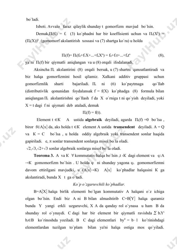 n bo`yicha induktsiyadan foydalanamiz: f = (ai1i2...inx1i2...xnin = (binxin , bunda bin= (ai1....in-1 inx1i1.....xn-1in-1 n-1 ta noma'lumli (o`zgaruvchili) ko`phad. induktiv farazga va n =1 da o`rinli ekanligidan,( (i1,...in) da f = 0 bin = 0, ( in ai1...in = 0 demak, endi f,g(a[x1,...,xn] 2 ta ko`phadni tеng dеb ataymiz, agarda bir xil bir hadlar oldidagi koeffitsеntlari ustma-ust tushsa f ko`phadni xк ga nisbatan darajasi dеb degf orqali ifodalanovchi, a(i)x(i) (a(i) ( 0) hadlarda xк ni darajasi sifatida uchraydigan eng katta butun sonni tushunamiz. i1+i2+.....in butun son х1i1 ...хnin hadning darajasi deyiladi. f ko`phadning darajasi degf deb( birhadlarining eng yuqori darajasiga aytiladi. а( x( halqa uchun olingan ko`p natijalar а(x1(...,xn( halqa uchun ham o`rinli bo`ladi. masalan, 1- tеorеmaga asoslanib va n bo`yicha induktsiyalab quyidagi faktni o`rinli ekanligini ko`ramiz: 1-теоrema. agar a- butunlik sohasi bo`lsa, u holda а(x1(...,xn( halqa ham butunlik sohasi bo`ladi. xususan, p ustidagi n o`zgaruvchili ko`phadlar halqasi butunlik sohasi …