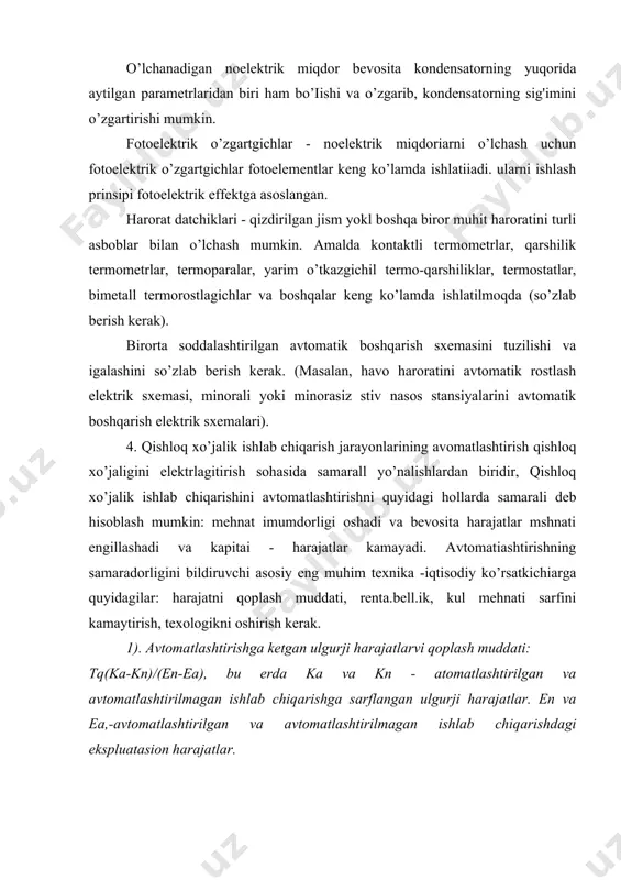 rak. 1). avtomatlashtirishga ketgan ulgurji harajatlarvi qoplash muddati: tq(ka-kn)/(en-ea), bu erda ka va kn - atomatlashtirilgan va avtomatlashtirilmagan ishlab chiqarishga sarflangan ulgurji harajatlar. en va ea,-avtomatlashtirilgan va avtomatlashtirilmagan ishlab chiqarishdagi ekspluatasion harajatlar. 2). ishlab chiqarishning rentabelligi ishlab chiqarishnmg davomadi darajasini bildiradi rq(s-s)/sxyuo%, bu erda s - mahsulotning ulgurji bahosi, mahsulotning tannarxn. 3). kul mehnatn sarfini kamaytirish foiz hisobida aniqlanadi. azq(zmm. - zi.a,j/3t n. xloo% bu erda, zt.p. pa zt.a. avtomatlashtirilmagan va avtomatlashtirilgan ishlab chiqarish mahsulot birligiga mehnat sarflari. adabiyotlar: 1.shoumarova m., abdillayev t. qishloq xo’jaligi mashinalari. toshkent, o’qituvchi 2002y. 2.a.i. komilov, q.a. sharipov, n.t. umirov, i.m.marupov, r.t. rustamov traktor va avtomobillar. toshkent «talkin» -2003.(lotin alifbosida) 3.f.b.yevdokimov umumiy elektrotexnika t.o’qituvchi.1995. 4.n.i.vershagin i dr. organizasiya i texnologaya mexanizirovannыx rabot v rastenivodstve, ucheb, posb № irpo; izd.sentr «akademiya», 2000 5.e.oyxo’jayev, x.qo’shnazarov «qishloq xo’jalik ishlab chiqarishini mexanizasiyalash» toshkent «mehnat», 1988.