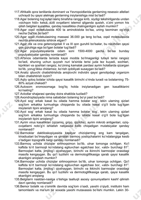 barmoklar xarakterli? 93. translokatsiya nima? 94. translyatsiya initsiatsiya fazasidan boshlanadi,augkodoni metioninni kodlaydi, qachonki t-rnk da komplementar antikodon bilan bog`lans=bu antikodonni ko`rsating. ? 95. tuxum hujayra yadrosi bilan urug’ hujayra sitoplazmasi qo’shilib rivojlanishiga nima deyiladi? 96. urug` hujayra yadrosi va tuxum hujayra sitoplazmasi qo’shilib rivojlanishiga nima deyiladi? 97. variatsion qatorning chiziqli tasvirini ifodalashda absissa о‘qida о‘rganilayotgan belgining nimasi kо‘rsatiladi? 98. virus bakteriya hujayrasining po`stini qaysi ferment yordamida yemiradi? 99. x. timen va =baltimorlarning molekulyar genetikaning rivojlanishidagi qo`shgan hissasi? 100. xromosomada birorta qismning ketma-ket ikki marta takrorlanishi qanday nomlanadi? 101. xromosomadagi joylashgan dominant gen ta’sirida yuzaga chiqadigan belgini kо‘rsating? 102. xromosomaga birikmagan va sitoplazmada erkin holda uchraydigan irsiy omil qanday nomlanadi? 103. xromosomasida profag bo`lgan va erkin ko`paya oladigan bakteriya nima deyiladi? 104. ааввсс - triduragayda necha xil tipdagi gameta xosil bo‘ladi? 105. еr-xotin murojat kilishdi.ularning birinchi bolasi fenilketonuriya bilan ogriydi.ular keyingi bolasining sogligidan xovotird=fenilketonuriyaautosom-retsessivtipda nasllanadi.ikkinchi bolaning fenilketonuriya bilan tugilish extimolini aniklang? …