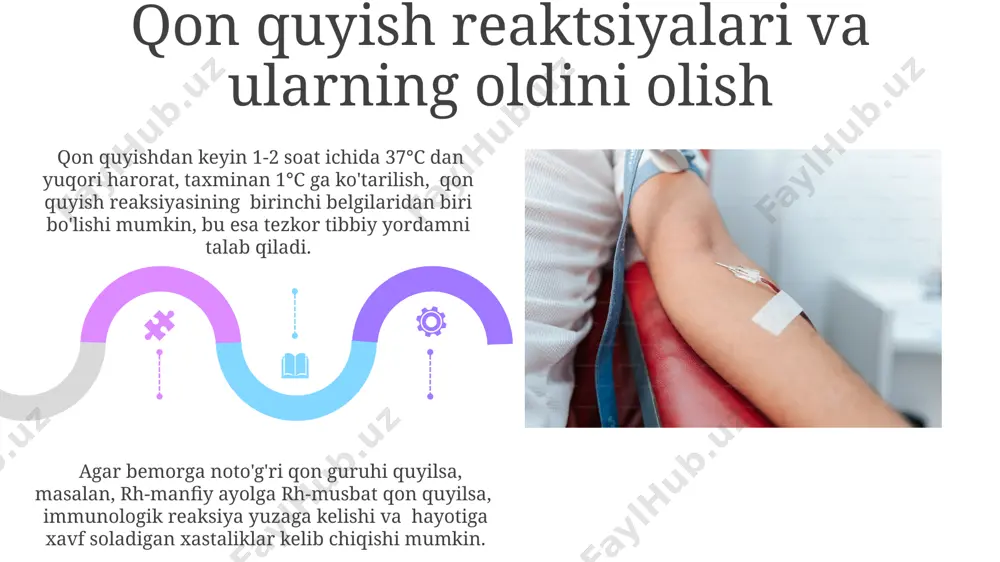 miga ega bo'lmagan retsipientga quyish, 200 dan ortiq turli xil antijenlarning mavjudligi sababli, xavfli reaksiyalarga olib kelishi mumkin, shuning uchun donor va retsipientni tanlashda qon guruhlarini aniqlash juda muhim. donordan olingan qonning infektsiyalar, masalan, gepatit b yoki c, oiv, sifiliz kabi patogenlarga tekshirilishi zarur. jahon sog'liqni saqlash tashkiloti (jsst)ning tavsiyalariga ko'ra, 50 dan ortiq ko'rsatkich bo'yicha tekshiruvlar o'tkazilishi tavsiya etiladi. e'tiboringiz uchun rahmat @taqdimot_robot image4.jpg image5.jpg image6.jpg image7.jpg image8.jpg image9.jpg image10.jpg image11.jpg image12.jpg image13.jpg image14.jpg image15.jpg image16.jpg image17.jpg image18.jpg image19.jpg image20.jpg image1.jpeg image2.jpeg image3.jpeg