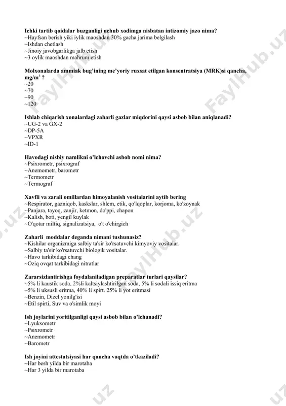 sitalar. ~salbiy ta'sir ko'rsatuvchi biologik vositalar. ~havo tarkibidagi chang ~oziq ovqat tarkibidagi nitratlar zararsizlantirishga foydalaniladigan preparatlar turlari qaysilar? ~5% li kaustik soda, 2%li kaltsiylashtirilgan soda, 5% li sodali issiq eritma ~5% li uksusli eritma, 40% li spirt. 25% li yot eritmasi ~benzin, dizel yonilg'isi ~etil spirti, suv va o'simlik moyi ish joylarini yoritilganligi qaysi asbob bilan o’lchanadi? ~lyuksometr ~psixrometr ~anemometr ~barometr ish joyini attestatsiyasi har qancha vaqtda o’tkaziladi? ~har besh yilda bir marotaba ~har 3 yilda bir marotaba ~har yilida bir marotaba ~har yili ikki marotaba yoritguchning yoritilganlik kuchi birligi nima? ~kandel ~lyuksometr ~amper ~volt nasldor buqalarni harakatini cheklashda foydalaniladiga vosita nima? ~bog’lagichli yoki tayoqli halqa ~qamchi, zanjir va elektroshokker ~ko’z qismida maxsus to’siqli niqob ~tasma bog’lamli yuz niqobi erkak cho’chqalarni qoziq tishlari uzib olinadimi qirqiladimi? ~qirqiladi ~uzib olinadi ~hech qanday teginilmaydi ~kimyoviy ishlob beriladi traktor aravasida odam tashish mumkinmi? ~yo’q ~o’tirishga joy jihozlangan bo’lib ilmoqlar ilingan bo’lsa ~agarda tezlik …