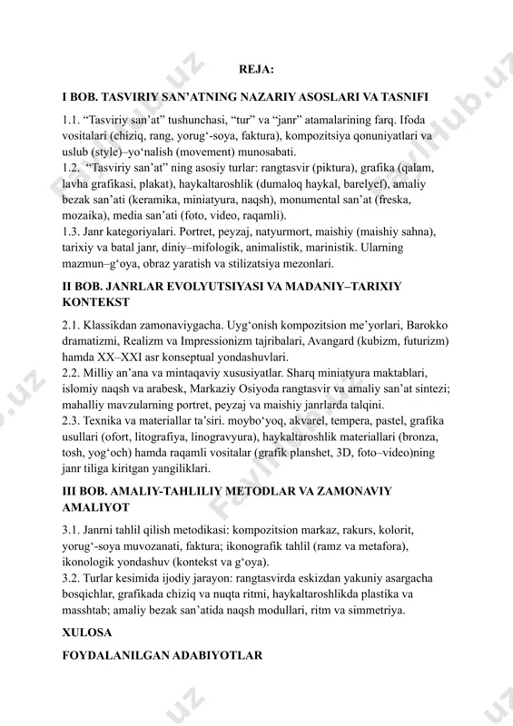 biyotlar kirish tasviriy san’at — inson tafakkuri va tuyg‘ularining rang, chiziq, yorug‘-soya hamda shakl orqali ifodalangan ko‘zgusidir. u faqat ko‘rish zavqini uyg‘otadigan go‘zallik emas, balki jamiyat xotirasi, tarixiy tajriba va madaniy qadriyatlarning tirik tilidir. rangtasvirdan grafika va haykaltaroshlikkacha, amaliy-bezak san’atidan monumental va media san’atigacha bo‘lgan keng maydon san’atning “turlari”ni, portret, peyzaj, natyurmort, maishiy, tarixiy-batal, diniy–mifologik va zamonaviy kross-over shakllargacha esa uning “janrlari”ni tashkil etadi. “tur” va “janr” orasidagi nozik farq — biri ifoda texnikasi va materialiga yaqin bo‘lsa, ikkinchisi mavzu doirasi va obraz qurilishiga daxldor — asarni to‘g‘ri talqin qilish, uslub va davr xususiyatlarini ajratishda tayanch bo‘lib xizmat qiladi. mazkur ishda tasviriy san’at tur va janrlarining nazariy poydevori, tarixiy evolyutsiyasi va zamonaviy amaliyotdagi uyg‘unligi tizimli tahlil qilinadi. avvalo, kompozitsiya qonuniyatlari, kolorit va faktura, rakurs va ritm kabi badiiy vositalar “tur”ning tilini belgilashi; mavzu, syujet, ramz va ikonografiya esa “janr”ning mazmun doirasini shakllantirishi yoritiladi. keyin uyg‘onishdan boshlab barokko, realizm, impressionizm va …