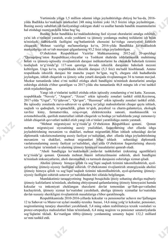 pq-2753-son qarori qabul qilindi. mazkur qarorga asosan 2017-yilning fevral oyidan boshlab: barcha turdagi pensiyalar butun mamlakat hududida hech qanday cheklovlarsiz to‘liq hajmda naqd pul shaklida beriladi; 58 ta tog‘li va olis tumanlardagi byudjet tashkilotlari xodimlariga ish haqi to‘lash, ijtimoiy to‘lovlar hech qanday cheklovlarsiz to‘liq hajmda naqd pul shaklida amalga oshiriladi; oliy o‘quv yurtlari talabalariga stipendiyalarning kamida 50 foizi naqd pul shaklida beriladi. bundan tashqari, hududlarda shakllangan ish haqini naqd pul shaklida hamda plastik kartalarga o‘tkazish yo‘li bilan to‘lashda odamlar o‘z ish haqidan foydalanishda muammolarga duch kelmasligi va o‘zlariga kerakli tovar va xizmatlarni erkin xarid qilishlari uchun mavjud to‘lov terminallari infratuzilmasi hisobga olinadi. mamlakatimizda aholi bandligini ta'minlash ijtimoiy-iqtisodiy taraqqiyotning ustuvor yo‘nalishlaridan biri, xalq turmush darajasi va sifatini yuksaltirishning muhim sharti sifatida belgilangan. yurtimizda har yili milliy iqtisodiyotni barqaror rivojlantirish, hududlar bo‘yicha mehnat resurslaridan yanada to‘liq va oqilona foydalanish, aholining ijtimoiy muhofazasini ta'minlashga qaratilgan tegishli dasturlar qabul qilinayapti. milliy mehnat bozorining e'tiborga …