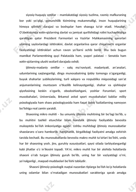 ikdagi faoliyatni amalga oshirish tarzida kechadi. bu munosabatlarda bevosita makro muhit ta’sirlari bo‘lishi, unda har bir shaxsning yosh, jins, guruhiy xususiyatlari, qaysi oilada tarbiyalanganligi kabi jihatlar o‘z in’ikosini topadi. ya’ni, mikro muhit har bir alohida holatlarda shaxsni o‘rab turgan ijtimoiy guruh bo‘lib, uning har bir vaziyatdagi o‘rni, yo‘nalganligi , maqsad-muddaolari bo‘lishi tabiiydir. shaxsni ijtimoiy-psixologik nuqtai nazardan tiplarga bo‘lish ko‘p holatlarda uning odamlar bilan o‘rnatadigan munosabatlari xarakteriga qarab amalga oshiriladi. amerikalik psixolog a.maslou bir inson boshqasiga xuddi o‘ziga munosabatda bo‘lganday qarasa, u ikkinchi boshqalarga kibr bilan, xuddi buyum yoki hodisaga qaraganday munosabat bildirishi mumkin, deb odamlar o‘rtasidagi farqning muqarrarligini isbotlagan edi. e.shostrom a.masluo fikrini rivojlantirib, birinchisini aktualizator, ikkinchisini manipulyator, ya’ni, o‘z manfaatiga bo‘ysundiruvchi, boshqaruvchi deb ta’riflaydi. shu kabi turli insoniy munosabatlarni tahlil etgan olimlar shaxsning tipologiyasiga o‘zgacha qaraydigan. e.shpranger taklif etgan tipologiyada shaxs turli hayotiy qadriyatlar doirasida ta’riflanadi: iqtisodiy, estetik, ijtimoiy, siyosiy, diniy. amerikalik xorni esa shaxsni boshqalar bilan muloqot obyekti …