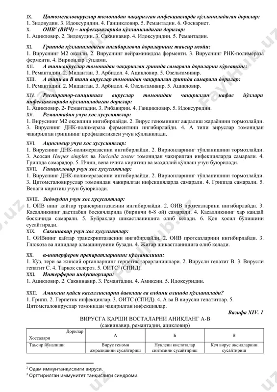 н. 4. саквинавир. 5. идоксуридин. iv. «кечки» вирус оқсилларининг синтезини сусайтирувчи дориларни кўрсатинг: 1. идоксуридин. 2. ацикловир. 3. ремантадин. 4. зидовудин. 5. саквинавир. v. вирионлар «тўпланишини» сусайтирувчи дориларни кўрсатинг: 1. зидовудин. 2. саквинавир. 3. ацикловир. 5. метисазон. 6. ремантадин. vi. herpes simplex томонидан чақирилган инфекцияларда қўлланиладиган дорилар: 1. метисазон. 2. ацикловир. 3. зидовудин. 4. рибавирин. 5. идоксуридин. 7. ганцикловир. 8. видарабин. vii. varicella zoster томонидан чақирилган инфекцияларда қўлланиладиган дорилар: 1. ацикловир. 2. зидовудин. 4. ремантадин. 5. саквинавир. 6. фоскарнет. viii. герпетик кератитда қўлланиладиган дорилар: 1. идоксуридин. 2. зидовудин. 3. метисазон. 4. саквинавир. 5. ацикловир. ix. цитомегаловируслар томонидан чақирилган инфекцияларда қўлланиладиган дорилар: 1. зидовудин. 3. идоксуридин. 4. ганцикловир. 5. ремантадин. 6. фоскарнет. x. оив[footnoteref:2] (вич) – инфекцияларида қўлланиладиган дорилар: [2: одам иммунтанқислиги вируси.] 1. ацикловир. 2. зидовудин. 3. саквинавир. 4. идоксуридин. 5. ремантадин. xi. гриппда қўлланиладиган ингибирловчи дориларнинг таъсир жойи: 1. вируснинг м2 оқсили. 2. вируснинг нейраминидаза ферменти. 3. вируснинг рнк-полимераза …