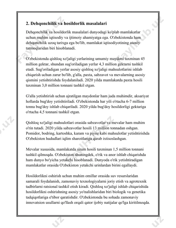 aligi importi: - ozbekiston har yili qishloq xojaligi texnikasi va uskunalari, kimyo ogitlari, oziq-ovqat mahsulotlari va uruglarni import qiladi. - 2022 yilda ozbekiston taxminan 1 milliard aqsh dollari qiymatidagi oziq-ovqat mahsulotlarini import qildi. - asosiy import qilinadigan oziq-ovqat mahsulotlari: bugdoy, kungaboqar yogi, qahva va shakar. - bugdoy importining asosiy manbai qozogiston hisoblanadi, undan yiliga qariyb 2 million tonna bugdoy import qilinadi. - qishloq xojaligi texnikasi importi kopincha germaniya, aqsh va xitoydan amalga oshiriladi. - taxminan 25% ogitlar chet eldan import qilinadi, asosiy yetkazib beruvchilar rossiya va xitoy. 3. boshqa statistik ma'lumotlar va tendensiyalar: - oxirgi yillarda ozbekistonning qishloq xojaligi mahsulotlari eksporti hajmini kengaytirishga qaratilgan islohotlari tufayli eksport kolami oshib bormoqda. - milliy statistik qomitaning ma'lumotlariga kora, ozbekiston 2023 yilda qishloq xojaligi mahsulotlari eksportidan 2 milliard aqsh dollaridan ortiq daromad olishni rejalashtirgan. - paxtachilik sektorida paxta eksportini kamaytirish va qo'shimcha qiymatli toqimachilik mahsulotlari ishlab chiqarishni oshirishga qaratilgan dasturlar amalga oshirilyapti. - …