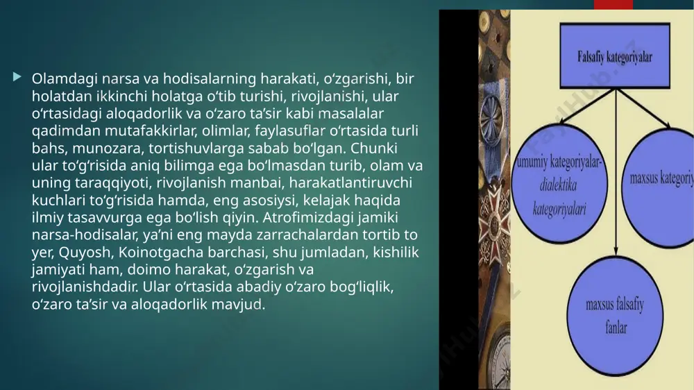 muhim xususiyati — u ob’ektiv xarakterga ega, ya’ni u insonga ham, insoniyatga ham bog‘liq emas. biror kishi, hatto millatning irodasi bilan ham, tabiat qonuniga tub o‘zgartirish kiritish yoki uni butunlay yo‘q qilish mumkin emas chunki bu qonunlarning asosini tashkil qilgan bog‘lanishlar, munosabatlar ob’ektiv xususiyatga ega. olamdagi har bir narsa va hodisa bir-birini taqozo qiladigan va shu bilan birga, bir-birini istisno qiladigan qarama-qarshi tomonlar birligidan iborat. demak, voqyelik va o‘zgarish jarayonida ayniyat va ziddiyatning bo‘lishi ham odatiy hol. masalan, issiq va sovuq, oq va qora, kecha va kunduz, elektrning musbat va manfiy zaryadlari, yaxshilik va yomonlik, adolat va jaholat va h. k. qarama-qarshi tomonlar bir-birini inkor etadi va shu bilan birga biri ikkinchisini taqozo etadi, biri ikkinchisisiz mavjud bo‘la olmaydi. faraz qilaylik, magnitning manfiy zaryadi bo‘lmasa, u holda ushbu narsa magnit bo‘lolmaydi. ayniyat tushunchasi narsa va hodisalar o‘rtasidagi o‘xshash tomonlarni ifodalaydi. shu bilan birga narsa-hodisalar bir-biridan farq qiladigan tomonlar, xususiyatlar, belgilarga …