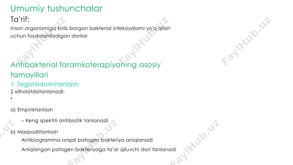 birlaydi bu dorilaro’ziantibakterialta’sirgaegaemas, shu sababli doimo β – laktam antibiotiklari bilan birlashtiriladi – sulbaktam+ barchaβ–laktam nojo’ya ta’sirlar qarshi ko’rsatma • • • • jigar disfunksiyasida (klavulon kislota) penitsillin allergiyasi (β – laktamaza ingibitorlari uchun) allergik reaksiyalar gepatotoksiklik (klovulon kislotada mavjud) vakillari ta’sir mexanizmi • • • • • • • • streptomitsin (dastlabki vakili) gentamitsin tobramitsin amikatsin kanamitsin aminoglikozidlar bakteriya membranasidan o’tib ribosomaningoqsilsintezigajavobgar30-s qismiga bog’lanadi shu orqalihujayradaoqsilsintezinibloklaydiva bakteritsid ta’sir qiladi bakteritsid ta’sir dorini konsentratsiyasiga qarab kuchayadi aminoglikozidlar nojo’ya ta’sirlari  farmakokinetikasi • • • • • immunoallergik reaksiyalar nefrotoksiklik to’planishi sababli jigar faoliyatini buzilishi buyrak kanalchalariga vena ichigainfuzionholatdavamushak orasiga yuborish mumkin buyraklar tomonidann chiqariladi buyrak kanalchalarida va ichki quloqda to’planishi mumkin  sitostatik ta’sir qiladi • o’zaro ta’sirlar qarshi ko’rsatma • yordam beradi) sefalosporinlar, vankomitsinbilanbirgaqo’llash nefrotoksiklik va ototoksiklikni kuchaytiradi miorelaksantlar bilan qo’llanganda miorelaksant ta’sir ortadi (bu holatda kalsiy xlor vestibulyar va eshitish qobiliyati buzilganlar buyrak yetishmovchiligi homiladorlik va emizish • …