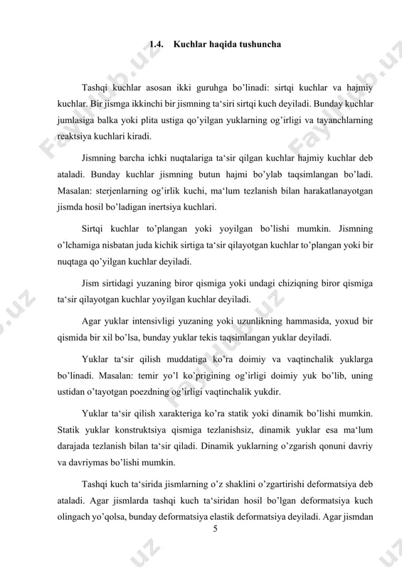 ladi, ya‘ni yoki (1.1) bunday deformatsiya nisbiy deformatsiya deyiladi. demak jismning deformatsiyasi chiziqli va burchak deformatsiyalardan iborat bo’ladi. 2.tashqi kuchlar ta‘siridan sterjen yoki brus deformatsiyalanadi va uning kesimlarida ichki kuchlar hosil bo’ladi. deformatsiyalanish natijasida sterjen yoki brusning kesimidagi zarrachalar bir-biridan uzoqlashishga yoki yaqinlashishga intiladi, ana shu intilishda hosil bo’lgan reaktsiya kuchlari zarrachalar muvozanatini saqlaydi. bunday reaktsiya kuchlari ichki kuchlar yoki zo’riqish kuchlari deyiladi. serjen yoki brus kesimlarida hosil bo’ladigan zo’riqish kuchlarining teng ta‘sir etuvchisini topish uchun kesish usulidan foydalaniladi. 1.2 a rasmda ko’rsatilgan brusga p1, p2, p3, p4 ta‘sir etayotgan bo’lsin. buning natijasida brusning tayanchlarida ra va rb reaktsiya kuchlari hosil bo’ladi. natijada brus muvozanatda turadi. rasm 1.2. brusning biror kesimidagi ichki kuchlarni topish uchun quyidagi to’rtta ish ketma-ket bajarilishi shart: 1)brusning biror nuqtasidagi zo’riqish kuchini topish uchun brus shu nuqtadan o’tuvchi tekislik bilan fikran kesilib ikki qismga ajratiladi; 2)ajratilgan qismlardan biri tashlab yuborilib ikkinchisi olib qolinadi; 3)brusning tashlab yuborilgan …