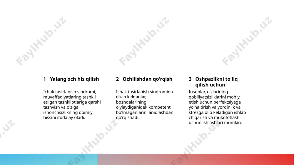 o'ziga ishonch yaratish uchun. impostor sindromi uchun mukofot usullari boshqalar yordamini qidiring o'ziga ishonchli do'stlar, oila yoki terapevt bilan o'zining yetarlicaliqsizlik hislarini muzokaraga chiqaring va qo'llab-quvvatlashingizni oling. o'zingizga o'zini yaxshi qilishni mashq qiling xushmuomalalik va tushuncha bilan o'zingizni muomala qiling, har bir kishining xatolari qilishi va shakl vaqtida bo'lishini tan oling. salbiy o'ylarni muhokama qiling salbiy o'z-o'zini gapirishni aniqlang va muhokama qiling, o'z muvaffaqiyatlariga va kuchlaringizga e'tibor qaratib qarang. realistik maqsadlar qo'ying vazifalarni batareya qilib, erishiladigan maqsadlar qoying, bu sizning ishonchingizni oshirib va impostorizm hislarini kamaytiradigan maqsadlar qoying. impostor sindromi va o'ziga ishonish impostor sindromini tushunish o'ziga ishonishni aniqlash cheklangan ishonchlar ustidan o'tish impostor sindromi, muvaffaqiyatlarga qaramay, o'zini yolg'on his qilish, muvaffaqiyatni qobiliyatga e'tibor bermasdan, omadga yozishdir. o'ziga ishonish, shaxsiy qobiliyatlariga ishonchsizlik, odatda, qaror qabul qilish va harakat qilishda ehtiyotsizlikka olib keladi. impostor sindromi va o'ziga ishonishni bartaraf etish, salbiy o'ylar qatlamalarini tan olish va musbat tasdiqlamalar orqali o'z o'zingizga …