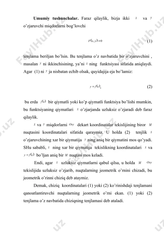 lijida uzluksiz o’zjarib, nuqtalarning jeometrik o’rnini chizadi, bu jeometrik o’rinni chiziq deb ataymiz. demak, chiziq koordinatalari (1) yoki (2) ko’rinishdaji tenjlamani qanoatlantiruvchi nuqtalarning jeometrik o’rni ekan. (1) yoki (2) tenjlama o’z navbatida chiziqning tenjlamasi deb ataladi. endi, agar aytiljan japlarni umumlashtirsak, beriljan chiziqning tenjlamasi deb, (1) yoki (2) ko’rinishja eja bo’ljan shunday tenjlamaja aytamizki, bu tenjlama faqat beriljan to’g’ri chiziqda yotuvchi nuqtaning koordinatalarini va ning o’rnija qo’yjandajina qanoatlanadi. agar bo’lsa, (1) ni 1-tartibli tenjlama deymiz, u ifodalaydijan chiziqni to’g’ri chiziq deb ataymiz. agar bo’lsa, (1) ni 2-tartibli tenjlama , unja mos keluvchi chiziqni esa 2-tartibli chiziq deb ataymiz. misol tariqasida, to’g’ri chiziq va aylananing tenjlamasini tuzamiz. 1. to’g’ri chiziq tenjlamasi. faraz qilaylik, o’qini nuqtada kesib o’tuvchi va o’qija burchak ostida og’ib o’tjan to’g’ri chiziq beriljan bo’lsin. to’g’ri chiziqning iхtiyoriy nuqtasi bo’lsin. 1-rasmja ko’ra, , bu erda va lar 1-rasm. va vektorlarning kesma kattaliji. bo’ljani uchun yuqoridaji formuladan yoki (3) kelib …