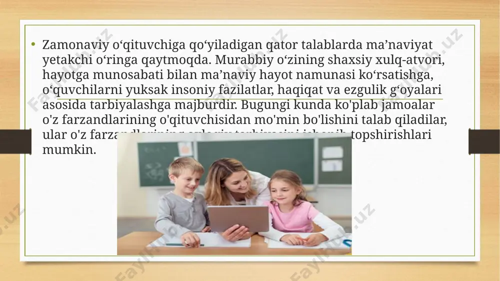 nlarda ta’lim tizimi oldidagi muammolarni hal etish uchun yangi axborotni o‘zlashtiradigan va o‘zlashtirgan bilimlarini o‘zlari tomonidan baholashga qodir bo‘lgan, zarur qarorlar qabul qiladigan, mustaqil va erkin fikrlaydigan shaxslar kerak. shuning uchun ham ta’lim muassasalarining o‘quv-tarbiyaviy jarayonida zamonaviy o‘qitish uslublari, ya’ni interfaol uslublar, innovatsion texnologiyalarning o‘rni va ahamiyati beqiyosdir. pedagogik texnologiya va ularning ta’limda qo‘llanishga oid bilimlar, tajriba o‘quvchilarni bilimli va yetuk malakaga ega bo‘lishlarini ta’minlaydi. har bir darsni yaxlit holatda ko‘ra bilish va uni tasavvur etish uchun o‘qituvchi bo‘lajak dars jarayonini loyihalashtirib olishi kerak. buning uchun u darsning texnologik xaritasi har bir mavzu, har bir dars uchun o‘qitilayotgan predmet, fanning xususiyatidan, o‘quvchilarning imkoniyati va ehtiyojidan kelib chiqqan holda tuziladi. hozirgi zamon ta’lim tizimidagi amaliy tajriba shuni ko‘rsatadiki, oldindan puxta loyihalashtirilgan dars, albatta, o‘qituvchi va o‘quvchiga darsni qiziqarli bo‘lishi, shuningdek, ijobiy natijaga erishishlariga imkoniyat yaratadi hamda darsning samaradorligini oshiradi. foydalanilgan adabiyotlar ro’yxati: o’zbekiston respublikasining “ta’lim to’g’risida”gi qonuni. t, 1997. pedagogika.(qo’llanma.a.munavvarov tahriri …