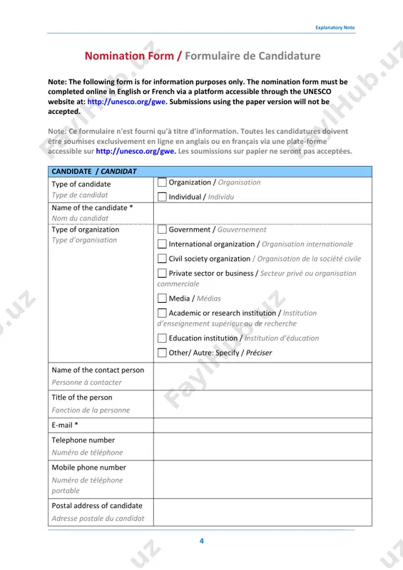commissions for unesco to also access and complete the online form using their official unesco email account. however, any nomination by a national commission will need to be reviewed and submitted by the permanent delegation to unesco of the respective member state. (3) ngos in official partnership with unesco can request access to the platform by contacting the secretariat at gweprize@unesco.org. (4) if a nominating entity wishes that the candidate complete the online nomination form directly, unesco can create an account for each candidate. a request should be sent to gweprize@unesco.org n before 16 may 2022. after completion of the online form by the candidate, the nominating entity will be required to review and validate it. (5) attention should be paid to presenting the project/programme of the candidate in a clear and structured way, following the instructions given in the form and respecting the indicated character limits. all supporting material …