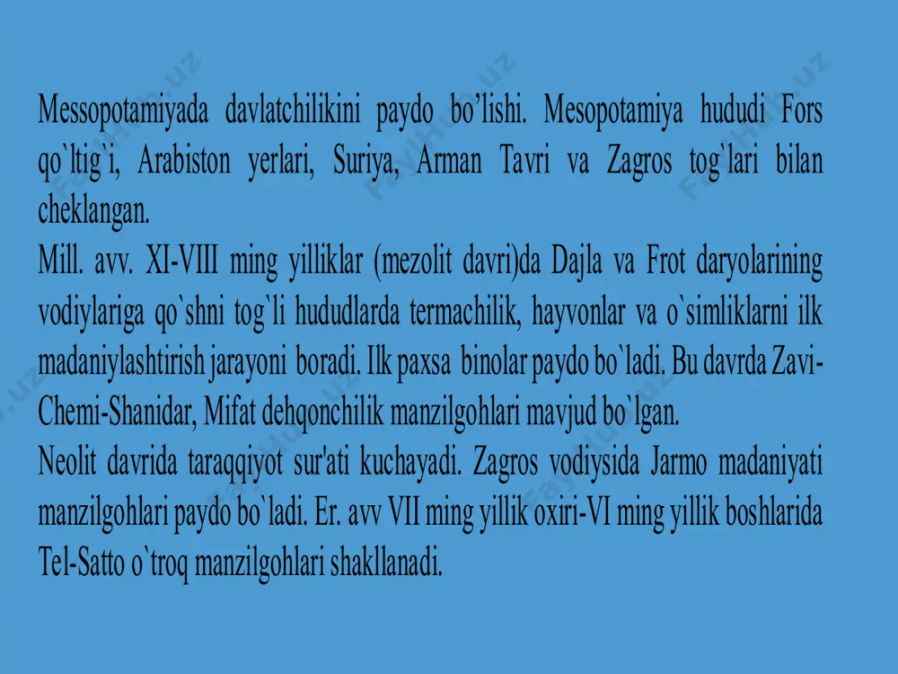 umerni istilo qildi. sargon o`zining 55 - yillik podsholigi davrida butun mesopotamiyani akkad davlati qo`l ostiga birlashtirdi. bundan tashqari, u kichik osiyo, kipr, suriya, elam va hatto, uzoq janubiy erongacha harbiy yurishlar qildi. sargon davlati hududiga teng keladigan biror-bir davlat ahmoniylargacha bo`lgan bir yarim ming yil davomida bo`lmadi. sargon davlati mesopotamiyadagi shahar -davlatlardan farq qilgan holda markazlashgan davlat edi. sargon va uning vorislari davrida mamlakatda iqtisodiyot, pul-tovar munosabatlari, sun'iy sug`orishga asoslangan dehqonchilik yuksaldi. podshoning mustabid hokimiyati urug` zodagonlari va oqsoqollar kengashining kuchli qarshiligiga uchradi. podsho ularning qarshiligini sindirish, o`z hokimiyatini mustahkamlash uchun xizmatdagi zodagonlar, amaldorlar, qisman kohinlarga tayanib ish ko`rdi. ba’zi shaharlarning merosiy «ji» (hokim)lari o`rniga podsho o`z kishilarini tayinladi. sargon o`zi tashkil etilgan muntazam qo`shinga g`amxo`rlik qildi. qo’shindagi askarlarga harbiy xizmati uchun yer ulushi ajratib berdi. qo’shinning qo’llab-quvvatlashi natijasida podsho («sharrum»)ning mutloq hokimiyati vujudga keldi. sargon tashkil qilgan davlatda hokimiyat to`la unga tegishli bo`lib, keyin o`g`il va nevaralariga meros …