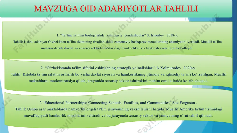 maydi. germaniyada ota-onalar farzandining ta’limiga juda katta sarmoya kiritishadi. chunki, ular bu sarmoya vaqti kelib yuz barobar bo‘lib qaytishiga ishonchi komil. farzandining iqtidoridan kelib chiqib unga vaqtida e’tibor berishadi. biz ham ota-onalarga farzandining ta’limi uchun kiritilgan sarmoyasi erta bir kun kelib, albatta, o‘z mevasini berishiga ishontirishimiz va oilada yoshlar va ota-onalarni toifaga bo‘lib (qizil, sariq) ijtimoiy faolligini oshirish kerak . 3 o‘zbekistonda ota-onalar farzand ta’lim-tarbiyasi uchun maktablarni saralaydi, tanlaydi. fillandiyada bolalar o‘z qobiliyatlari bo‘yicha har xil bilimlarga ega, shuning uchun turli murakkablik darajalariga ega bo‘ladilar. bolalar mavhum tushunchalarni o‘rganadi. o‘quv jarayonida ixtiyoriy ishtirok etish va o‘z-o‘zini o‘qitish tavsiya etiladi. o‘smir faqat o‘zi xohlagan bilimni emas, balki haqiqatlarni oladi. o‘zbekistonda ham o‘quvchilar ta’lim olishida maktablarda tenglikni yaratish zarur, rahbar, psixolog, sinf rahbari , o‘qituvchi , mahalla yettiligi va ota-onalar hamkorlikda bolaning qiziqishlari va intilishlarini aniqlab fan to‘garaklari va kasb-hunarga yo‘naltirib borish kerak. o‘quvchilar bilan kelajakdagi o‘rni va tanlagan kasbi yuzasidan suhbatlar …