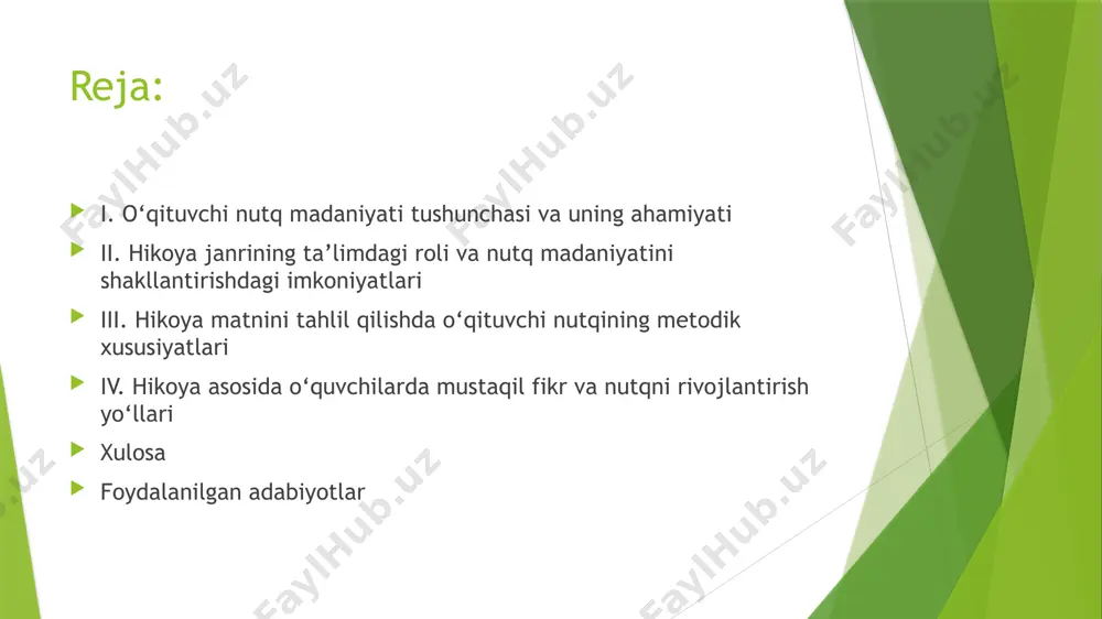 berishdagi kuchli vositasi hisoblanadi. iii. hikoya matnini tahlil qilishda o‘qituvchi nutqining metodik xususiyatlari o‘qituvchi hikoya matnini tahlil qilayotganda so‘zlar, iboralar va gaplar ustida to‘xtalib o‘tadi, o‘quvchilarga ifodali so‘zlash, to‘g‘ri talaffuz qilish va matnni anglab yetish ko‘nikmalarini singdiradi. tahlil jarayonida o‘qituvchi o‘z nutqini dars maqsadiga moslashtiradi, o‘quvchilar saviyasiga qarab soddalashtiradi yoki boyitadi. . o‘qituvchining nutqi izchil, grammatik jihatdan to‘g‘ri va bolalarga tushunarli bo‘lishi kerak. nutq orqali matndagi asosiy g‘oya, qahramon xarakteri, voqealar izchiligi ochib beriladi. bu o‘z navbatida o‘quvchilarning tafakkurini rivojlantirib, ularda estetik did va nutq madaniyatini shakllantirishga yordam beradi. iv. hikoya asosida o‘quvchilarda mustaqil fikr va nutqni rivojlantirish yo‘llari hikoya matnidan foydalangan holda o‘qituvchi o‘quvchilarga savollar berish, matn asosida suhbat tashkil etish, voqeani davom ettirish, boshqa yakunlarni o‘ylab topish kabi topshiriqlar orqali ularning mustaqil fikrlashiga yo‘l ochadi. shuningdek, o‘quvchilar matnni qayta hikoyalash, dramatizatsiya qilish, voqeani o‘z so‘zlari bilan aytib berish orqali so‘z boyligini oshiradi bu jarayonda o‘qituvchi yo‘naltiruvchi va ilhomlantiruvchi …