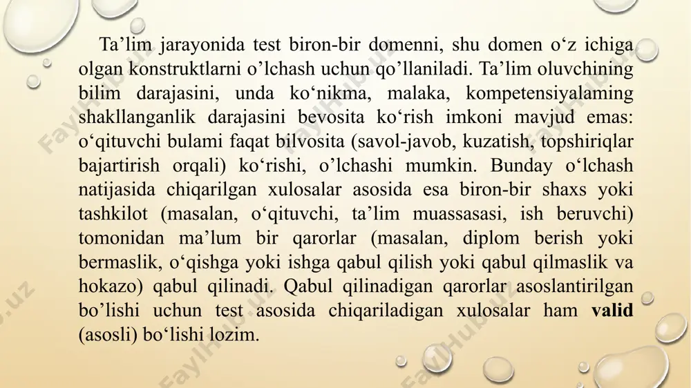 chun aniq yo’riqnomalar ishlab chiqish. test natijalarini tahlil qilish uchun avtomatlashtirilgan vositalardan foydalanish. 4. ob’ektivlik. test natijalarining baholovchining shaxsiy fikriga bog’liq emasligi. xolis testda har xil baholovchilar bir xil natijalarni berishlari kerak. ob’ektivlikni ta’minlash: test topshiriqlariga aniq javoblar kalitini yaratish. test topshiriqlarini baholash mezonlarini aniq belgilash. testni baholashda bir nechta baholovchilardan foydalanish. 5. differensiatsiya. testning bilimli o’quvchilarni bilimsizlaridan ajrata olish qobiliyati. test topshiriqlari o’quvchilarning bilim darajasiga qarab farqlanishi kerak. differensiatsiyani ta’minlash: turli qiyinlik darajasidagi test topshiriqlaridan foydalanish. test topshiriqlarini tahlil qilish va ularning differensiatsiya indeksini aniqlash. 6. adolatlilik. testning barcha o’quvchilar uchun teng imkoniyatlarni yaratishi, irqi, jinsi, madaniyati yoki boshqa omillariga qaramaslik kerak. test o’quvchilarning bilimini baholashi kerak, ularning shaxsiy xususiyatlarini emas. adolatlilikni ta’minlash: test topshiriqlarida stereotiplardan qochish. turli madaniyat vakillarini hisobga olgan holda test topshiriqlarini tuzish. testni o’tkazish sharoitlarini barcha o’quvchilar uchun teng qilish. ushbu mezonlarga javob beradigan pedagogik testlar o’quvchilarning bilimini to’g’ri va ishonchli baholash, o’qitish jarayonini takomillashtirish …