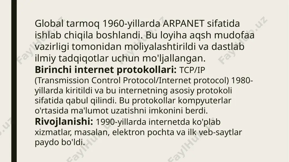 r. xavfsizlik tahdidlari va kiberjinoyatchilik ko'paymoqda. etik masalalar: internetda axborot tarqatish va shaxsiy ma'lumotlardan foydalanish bilan bog'liq etik masalalar muhokama qilinmoqda. foydalanuvchilar internetdan qanday foydalanishlari va axborotni qanday baholashlari kerakligi haqida savollar paydo bo'ladi. e’tiboringiz uchun rahmat! image1.jpg image2.jpg image3.jpg image4.jpg image5.jpg image6.jpg image7.jpg /docprops/thumbnail.jpeg