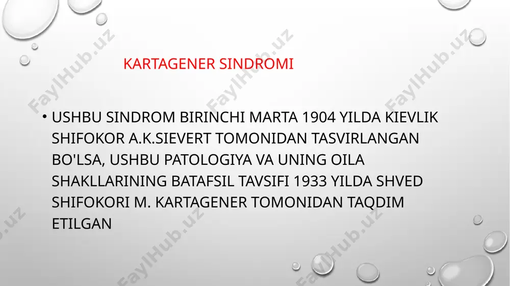 lliq yig’ilishini oldini olshdan iborat bu huddi mukovistsidozni davolashga oxshagan infeksiya tushishi bn tezda antibiotiklar bilan davolanadi quloqlar toza saqlanadi va har xil infeksiyalardan ximoya qilinadi bir so’z bilan aytganda kasallik faqat simptomatik davolanadi sog’ bo’laslar image3.png image4.png image5.png image6.png image7.png image8.png image9.png image10.png image1.png /docprops/thumbnail.jpeg