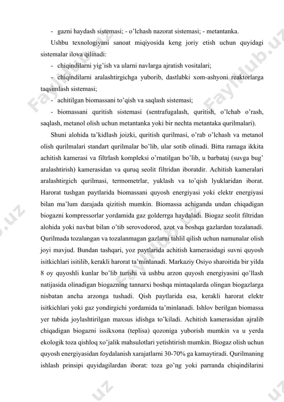 larga nisbatan ancha arzonga tushadi. qish paytlarida esa, kerakli harorat elektr isitkichlari yoki gaz yondirgichi yordamida ta’minlanadi. ishlov berilgan biomassa yer tubida joylashtirilgan maxsus idishga to’kiladi. achitish kamerasidan ajralib chiqadigan biogazni issikxona (teplisa) qozoniga yuborish mumkin va u yerda ekologik toza qishloq xo’jalik mahsulotlari yetishtirish mumkin. biogaz olish uchun quyosh energiyasidan foydalanish xarajatlarni 30-70% ga kamaytiradi. qurilmaning ishlash prinsipi quyidagilardan iborat: toza go’ng yoki parranda chiqindilarini achitish kamerasiga yuklab, 1:4 nisbatida suv qo’shiladi (80% namlik), kamera zich yopiladi, kerakli 50-55°s harorat qizitkichlar yordamida ta’minlanadi. biomassa tez-tez aralashtirilib turiladi, harorat, bosim va muhit kislotaliligi (rn) nazorat qilib turiladi. biomassadan biogaz olish uchun ushbu texnologik jarayon 10-12 sutka davom etadi. olingan gazning tarkibida serovodorod bo’lganligi uchun u nihoyatda hidli bo’ladi. tozalangan (filtrlangan) gaz esa hidsiz bo’ladi. tozalangan gazda metanning miqdori 82% gacha bo’lishi mumkin. rn qiymati esa 7,0-7,8 atrofida bo’ladi. chiqindilarni dastlabki achitiщda so2 ning miqdori 36% ni tashkil etadi, keyinchalik u …
