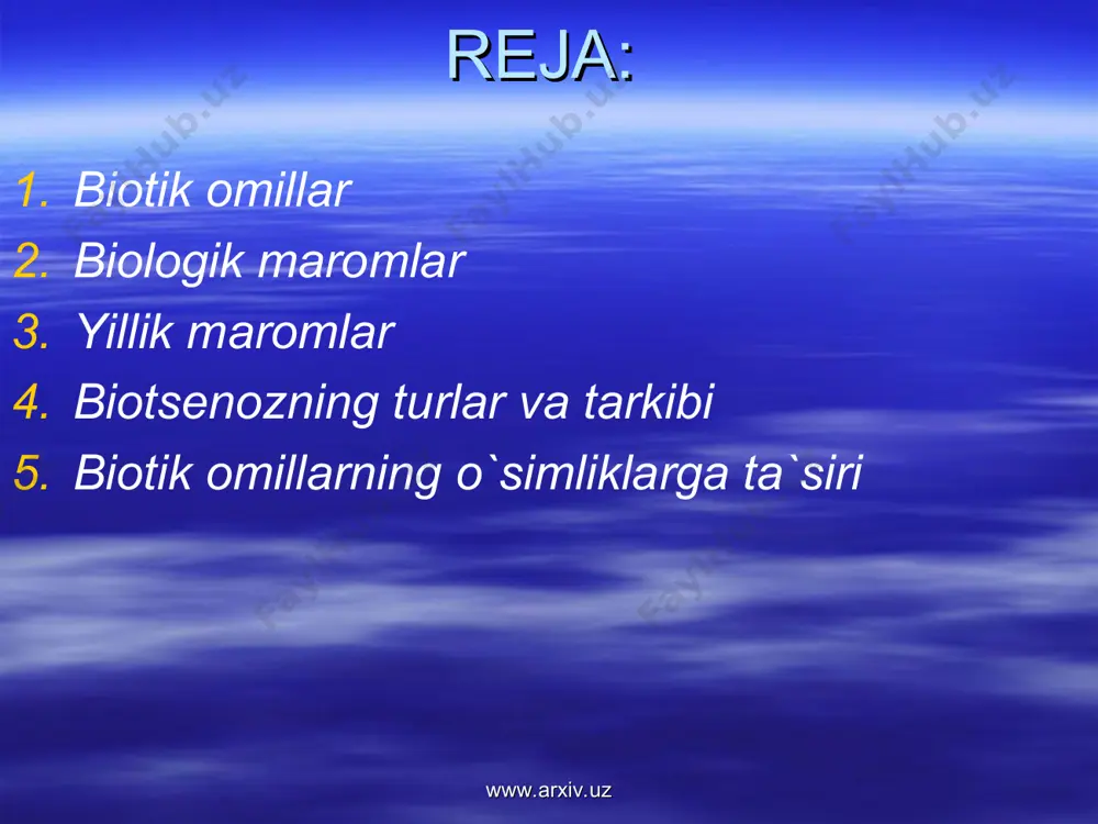 a, mas, agar oʻsimliklarning yoruglik, namlik va muhitning b. sharoitlariga nisbatan talabi bir xil boʻlsa, raqobat paydo boʻladi. simbioz hayvonlar, oʻsimlik, mikroorganizmlar orasida keng tarqalgan. mac, dukkakli oʻsimliklar (beda va b.) azot hosil qiluvchi bakteriyalar bilan birgalikda yashaydi, bu bakteriyalar oʻsimliklar hayoti uchun zarur boʻlgan uglevodlar va b. organik moddalarni oʻsimliklar ildizidan oladi. b. o. har doim muhitning abiotik omillari taʼsiriga uchraydi va oʻz navbatida unga faol taʼsir etib, uni oʻzgartirib boradi. biotik omillar - tirik organizmlarning bir-biriga o‘zaro ta’siri majmuidir. ular turli shaklda ta’sirlashishi mumkin. (masalan, o‘simliklarning xasharotlar bilan changlanishi, bir turdagi organizmlarni boshqalarining yeyishi, resurslarning u yoki bu turi oziq, fazo, yorug‘lik va boshqalar uchun organizmlar o‘rtasidagi raqobat, parazitizm va boshqalar). biotik o‘zaro munosabatlar juda murakkab va o‘ziga xos xarakterga ega. shuningdek, ular bevosita va bilvosita bo‘lishi mumkin. www.arxiv.uz www.arxiv.uz biotik omillar organizmlarning biotik o‘zaro munosabatlari yoki biotik omillar deyilganda o‘simliklar, xayvonlar va mikroorganizm-larning bir-birlariga o‘zaro ta’siri tushuniladi. …