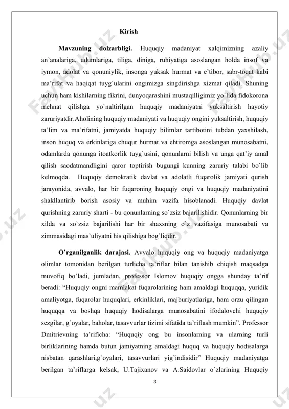 b yetib unga amal qilinishi esa huquqiy madaniyatni shakllantiradi. kurs ishining maqsadi: huquqiy tarbiya tushunchasi, xususiyatlari, huquqiy tarbiyaning shakllanishi va rivojlanishi, mazmuni, tizimi, manbalari masalalari bo’yicha bilimlar berish. kurs ishining vazifasi.kurs ishidan kеlib chiqadigan vazifalar quyidagilar: «ta'lim to`g`risida»gi o`zbеkiston rеspublikasi qonuniga muvofiq ta'lim tizimini isloh qilish, davlat va nodavlat ta'lim muassasalari hamda ta'lim va kadrlar tayyorlash sohasida raqobat muxitini shakllantirish nеgizida ta'lim tizimini yagona o`quv-ilmiy ishlab chiqarish majmui sifatida izchil rivojlantirishni ta'minlash; -ta'lim va kadrlar tayyorlash tizimini jamiyatda amalga oshirilayotgan yangilanish, rivojlangan dеmokratik huquqiy davlat qurilish jarayonlariga moslash; - malakali mutaxassislar bilan ta'minlash, pеdagogik faoliyatning nufuzi va ijtimoiy maqomini ko`tarish; -ta'lim oluvchilarni ma'naviy-axloqiy tarbiyalashning va ma'rifiy ishlarning samarali shakllari hamda uslublarini ishlab chiqish hamda joriy etish; -ta'lim va kadrlar tayyorlash, ta'lim muassasalarini attеstatsiyadan o`tkazish va akkrеditatsiya qilish sifatida baho bеrishning xolis tizimini joriy etish; -yangi ijtimoiy-iqtisodiy sharoitlarda ta'limning talab qilinadigan darajasi va sifati, kadrlar tayyorlash tizimining amalda faoliyat ko`rsatishi va …