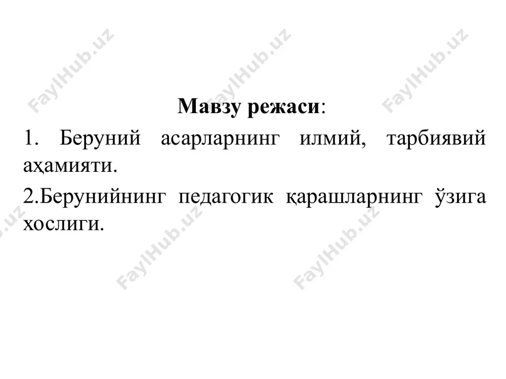 nchi marta bolalarni jamoa bo‘lib, maktabda o‘qitishning ahamiyatini ilmiy asoslab bergan? ibn sino. forobiy beruniy al-xorazmiy inson kamolatida uch narsa- «irsiyat, muhit, tarbiya» muhim rol’ o‘ynaydi degan fikrni ilk bor ilgari surgan olim. . . forobiy beruniy ibn sino moturudiy қиёсий таҳлил- педагогик фикирлар узвийлиги педагогик ғояларнинг пайдо бўлиш даврлари етакчи педагогик ғоялар хозирги даврдаги аҳамияти ибтидоий жамо тузум халқ оғзаки ижоди авесто қуърон карим хадис илми сўфизим таълимоти шарқ уйғониш даври /docprops/thumbnail.jpeg