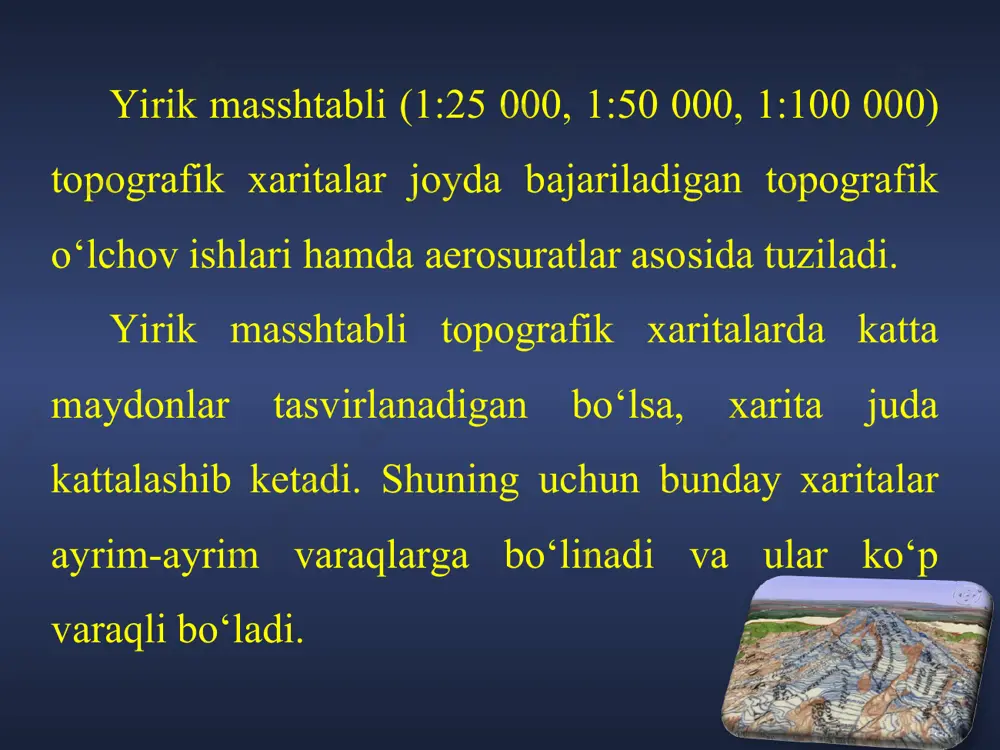 ich chiziqlar va so‘zlar bilan daryo oqimining yo‘nalishi, tezligi, kengligi, chuqurligi, kechuv joylari ko‘rsatiladi. maxsus shartli belgilar bilan esa paromlar, ko‘priklar va kema to‘xtash joylari ko‘rsatiladi. yo‘llar turli xil qalinlikdagi va rangdagi chiziqlar bilan tasvirlanadi (temiryo‘llar, avtomobil yo‘llari, toshyo‘llar va h. k.). shartli belgining shakli va rangi yo‘lning turini tasvirlaydi, maxsus belgilar bilan yo‘lning kengligi, temiryo‘lning raqami va yo‘lning nima bilan qoplanganligi ko‘rsatiladi. o‘simlik qoplami turli xil qalinlikdagi zangori-yashil ranglar bilan beriladi. alohida belgilar bilan o‘tloqlar, bog‘lar, botqoqlar va hokazolar tasvirlanadi. relyef topografik xaritalarda gorizontallar bilan ko‘rsatiladi. yonbag‘ir qancha ko‘p gorizontallar bilan tasvirlansa, u shu qadar baland bo‘ladi. gorizontallar bir-biriga qancha yaqin bo‘lsa, yonbag‘ir shuncha tik bo‘ladi. binobarin, gorizontallarga qarab, bir xil nuqtalarning boshqalardan baland yoki pastligini, qo‘shni gorizontallar orasidagi masofaga qarab esa yonbag‘irlarning qanchalik tikligini bilib olish mumkin (8- rasm).