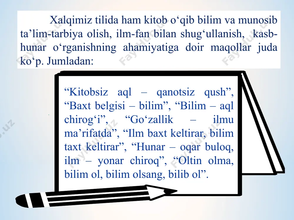 ollari kitob – inson ma’naviyati va dunyoqarashini yuksaltiruvchi muhim manbaa hisoblanadi. kitob o‘qigan inson mulohazali, bilimli bo‘lib, yuksak tafakkuri ila boshqalardan o‘zining dunyoqarashi va fikrlashi bilan ajralib turadi. kitob bilan oshno bola yaxshi inson bo‘lib ulg‘ayadi. kelajakda kitobxonlikning mavqeini yanada oshirish uchun bu kabi say-yu harakatlar ko‘lamini yanada kengaytirish zarur. zero, inson havosiz, suvsiz, nonsiz yashay olmaganidek, kitobsiz ham umr kechirolmaydi. badiiy adabiyotning inson ma’naviy dunyosiga ta’siri benihoya katta. adabiyot qalbni tarbiyalaydi. adabiyotga oshno insonning dili mehr-muhabbatga to‘liq bo‘ladi. adabiyot insonni kurashga, yuksak maqsadlar bilan yashashga, xalqparvar, vatanparvar bo‘lishga undaydi, bunyodkorlik, yaratuvchilikka da’vat etadi.