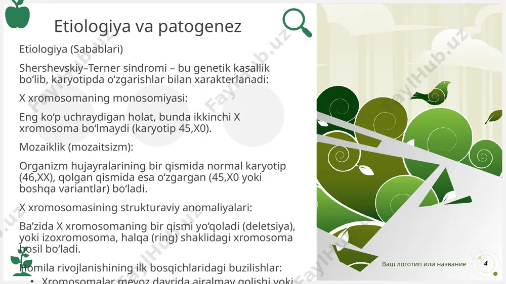 aqtida va to‘g‘ri davolash orqali bemorning hayot sifati yaxshilanadi, jismoniy va ijtimoiy rivojlanish imkoniyatlari kengayadi. asosiy yo‘nalishlar 1. gormonal davolash o‘sish gormoni (sоматotropin): 6 yosh atrofidan boshlab buyuriladi. maqsad – bo‘y o‘sishini rag‘batlantirish va imkon qadar normal yakuniy bo‘yga yetkazish. estrogenlar (ayol jinsiy gormonlari): o‘smirlik davrida buyuriladi. maqsad – ikkilamchi jinsiy belgilar rivojlanishini (ko‘krak, hayz ko‘rish) ta’minlash va reproduktiv tizimni shakllanti 2. jarrohlik davolas tug‘ma nuqsonlarni tuzatish: yurak nuqsonlari, umurtqa deformatsiyalari yoki boshqa a’zolar anomaliyalarini operatsiya qilish. plastik jarrohlik: tashqi ko‘rinishdagi o‘zgarishlarni (masalan, bo‘yndagi “qanot shaklidagi” teri burmalari) estetik jihatdan to‘g‘rilash. 11 ваш логотип или название 11 12 3. kompleks qo‘llab-quvvatlash psixologik yordam: hissiy qiyinchiliklar, o‘ziga ishonchsizlik va ijtimoiy moslashuv muammolarini yengib o‘tishga yordam beradi. o‘qish va tarbiya: abstrakt fikrlashdagi qiyinchiliklarni hisobga olib, maxsus ta’limiy yondashuv talab qilinadi ortopedik yordam: skolioz yoki boshqa suyak deformatsiyalarini davolash uchun breketlar, fizioterapiya yoki jarrohlik amaliyoti qo‘llanadi. mutaxassislar nazorati: endokrinolog, kardiolog, nefrolog, lor shifokor …
