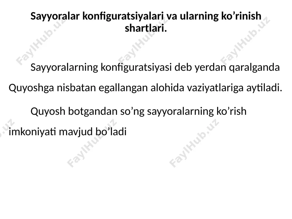 degan fikrda edilar. yerda kuzatilayotgan ko’plab fizik va biologik hodisalarning ketishi hususan iqlimning o’zgarishi hilma xil kasalliklarning davriy ravishda takrorlanishi ionosferada hodisalar magnit maydoni bo’ronlari va kosdmanavtlar uchun radiatsiya havfining tug’ilishi bularning quyoshda ro’y beradigan turli aktiv jarayonlar sababchi ekani bizga anchadan beri ma’lum. adabiyotlar martinov v. ya. “kurs ovshiy astrofiziki” m. 1986. sattorov. i. “quyosh fizikasi” m. 1986y. sattorov. i. “kosmik stansiyalar sayyoralarni tekshiradi” m. 1976y. rahimov a. o’. “elektrodinamika nisbiylik nazariyasi” e’tiboringiz uchun raxmat image1.png image2.jpeg image3.jpeg image4.jpeg image5.jpeg image6.png /docprops/thumbnail.jpeg
