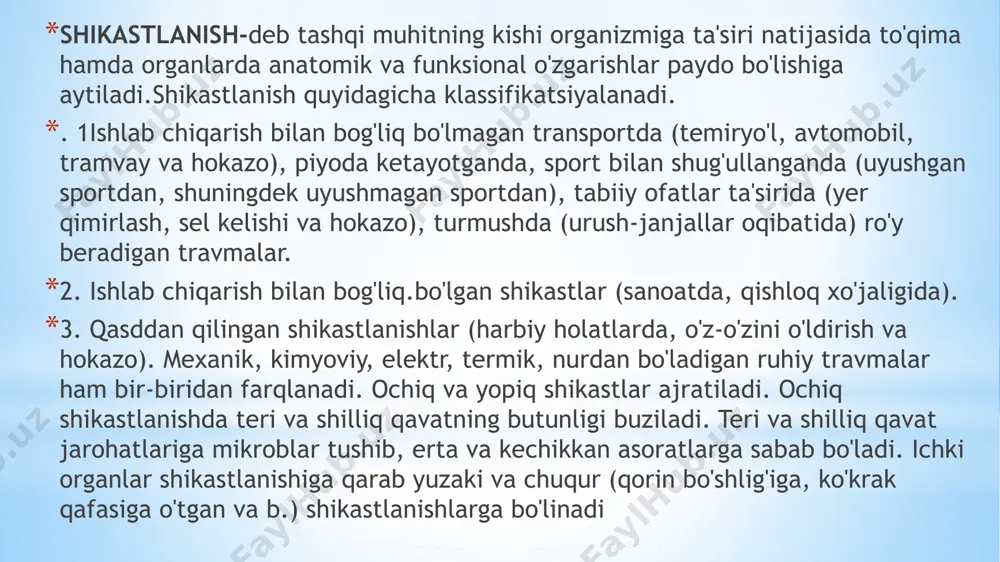 butunligi buzilishi bilan kechadigan jarohatlar. bunday shikastlanishlarga kesilgan, yirtilgan yaralar, ochiq sinishlar va o‘q otish jarohatlari kiradi. shikastlanishning og'ir-engilligi quyidagilarga bog'liq bo'ladi: - tashqi ta'sirning kuchiga; - ta'sir kuchning nuqtasiga va yo'nalishiga; -qo'l va oyoq holatiga. 1-yopiq 2-ochiq 3-ochiq va yopiq bosh suyagi, ko'krak va qorin bo'shlig'idagi a'zolarning yopiq shikastlari. 1.miyaning chayqalishi yopiq shikastlar ichida ko'p uchraydigani miya chayqalishi hisoblanadi. bu holda miya to'qimasi kam zararlanadi va patologoanatomik o'zgarishlar kam bo'ladi. autopsiyada miya anemiyasi hamda oq va kulrang moddalar chegarasida nuqtasimon qontalashlar, miya shishi aniqlanadi. travma ta'sirida limfa va qon aylanishi hamda organlarning funksiyalari buziladi. klinikasi. miya chayqalganda, kuchli shikastlanishda bemor hushidan ketib, o'ziga kelgach bo'igan voqeani eslay olmaydi. bu hoi retrograd amneziya deyiladi davolash. miya chayqalishining har qanday turida ham bemor albatta kasalxonaga yotqizilishi shart. 2-3 hafta davomida u tinch sharoitda bo'lishi kerak. bemorning hamma shikoyatlari yo'qolgach, turishga ruxsat etiladi. kalla ichi bosimini va miya shishini kamaytirish uchun har …
