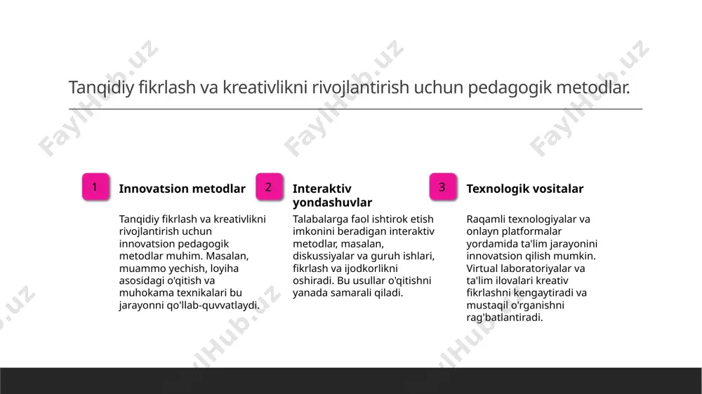 valar yordamida ta'lim jarayoni onlayn va masofadan amalga oshiriladi. bu, ta'limni kengroq auditoriyaga vaqti va joyidan qat'iy nazar yetkazishga imkon beradi. virtual haqiqat, simulyatsiyalar va interaktiv dasturlar orqali o'quvchilarga real hayotga yaqin muhitlar taqdim etiladi. bu, tanqidiy fikrlash va kreativlikni rivojlantirishda muhim rol o'ynaydi. talabalarda mustaqil fikrlash va muammoni hal qilish ko'nikmalarini rivojlantirish 1 mustaqil fikrlash rivoji - talabalarda mustaqil fikrlash ularni muammolarni mustaqil tahlil qilish va qaror qabul qilish qobiliyatini oshiradi, bu esa ularning akademik va amaliy hayotdagi muvaffaqiyatlarini ta'minlaydi. 2 muammo hal qilish qobiliyati - muammoni hal qilish ko'nikmalari shaxslarning kreativ va kritikal yondashuvlarini rivojlantiradi, murakkab vaziyatlarda samarali strategiyalar ishlab chiqishga yordam beradi. 3 innovatsion yondashuvlar - innovatsion metodlar va interaktiv mashg'ulotlar talabalarning fikrlash jarayonini faollashtiradi, ularni mustaqil fikrlash va muammo yechishga tayyorlaydi. kreativ yondashuvlarning natijalari va ta'lim jarayoniga ta'siri 01 yangi fikrlash imkoniyatlari kreativ yondashuvlar talabalarga yangi fikrlash usullarini rivojlantiradi, muammolarni innovatsion tarzda hal qilishga yordam beradi. …