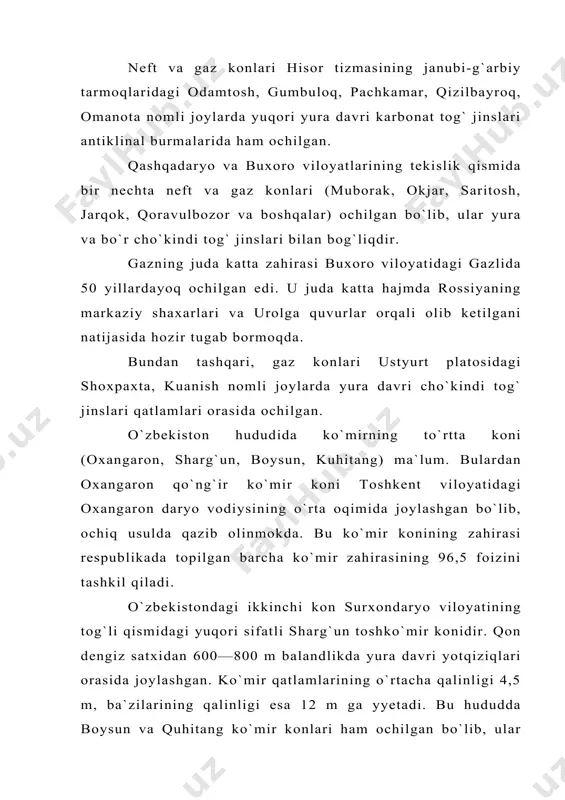 olib ketilgani natijasida hozir tugab bormoqda. bundan tashqari, gaz konlari ustyurt platosidagi shoxpaxta, kuanish nomli joylarda yura davri cho`kindi tog` jinslari qatlamlari orasida ochilgan. o`zbekiston hududida ko`mirning to`rtta koni (oxangaron, sharg`un, boysun, kuhitang) ma`lum. bulardan oxangaron qo`ng`ir ko`mir koni toshkent viloyatidagi oxangaron daryo vodiysining o`rta oqimida joylashgan bo`lib, ochiq usulda qazib olinmokda. bu ko`mir konining zahirasi respublikada topilgan barcha ko`mir zahirasining 96,5 foizini tashkil qiladi. o`zbekistondagi ikkinchi kon surxondaryo viloyatining tog`li qismidagi yuqori sifatli sharg`un toshko`mir konidir. qon dengiz satxidan 600—800 m balandlikda yura davri yotqiziqlari orasida joylashgan. ko`mir qatlamlarining o`rtacha qalinligi 4,5 m, ba`zilarining qalinligi esa 12 m ga yyetadi. bu hududda boysun va quhitang ko`mir konlari ham ochilgan bo`lib, ular xam yura davri yotqiziqlari orasidadir. o`zbekiston ko`mir konlarining umumiy zahirasi 6 mlrd. tonnadan ziyoddir. 2. rudali foydali qazilmalardan o`zbekiston hududida qora metallar (temir, titan, marganeo`, xrom), nodir metallar (volfram, molibden, qalay, vismut, simob, surma va boshqalar) topilgan. respublika …