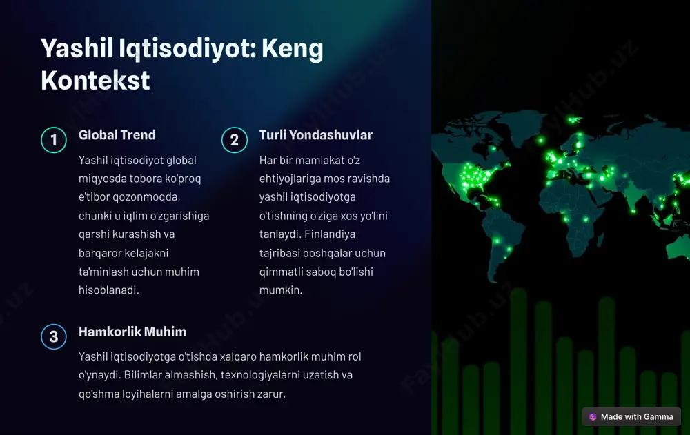 chiqindilarni kamaytirish, qayta ishlash va qayta foydalanishga asoslangan circular iqtisodiyot modeliga o'tishga intilmoqda. bioiqtisodiyot finlandiya o'rmon xo'jaligi va yog'ochni qayta ishlash sanoati asosida bioiqtisodiyotni rivojlantirishga alohida e'tibor qaratmoqda. bu esa qayta tiklanadigan resurslardan foydalanishni ko'paytirish va yangi bio- asoslangan mahsulotlarni yaratish imkonini beradi. https://gamma.app/?utm_source=made-with-gamma finlandiyadagi yashil qurilish 1 energiya samaradorligi yashil binolar energiya samaradorligi yuqori bo'lgan materiallar va texnologiyalar asosida quriladi, bu esa energiya iste'molini sezilarli darajada kamaytirish imkonini beradi. 2 tabiiy materiallar qurilishda yog'och kabi mahalliy va qayta tiklanadigan materiallardan keng foydalaniladi. bu esa binolarning ekologik izini kamaytirishga yordam beradi. 3 aqlli boshqaruv tizimlari yashil binolar issiqlik, yorug'lik va suv iste'molini optimallashtirish uchun aqlli boshqaruv tizimlari bilan jihozlangan. https://gamma.app/?utm_source=made-with-gamma finlandiyadagi yashil energetika energiya manbai ulashish shamol energiyasi 20% gidroelektrostansiyalar 15% bioenergetika 30% yadro energiyasi 25% boshqalar (quyosh, va boshqalar) 10% https://gamma.app/?utm_source=made-with-gamma finlandiyadagi yashil turizm tabiatga sayohat finlandiya o'zining go'zal tabiati, milliy bog'lari va toza havosi bilan mashhur. yashil turizm …