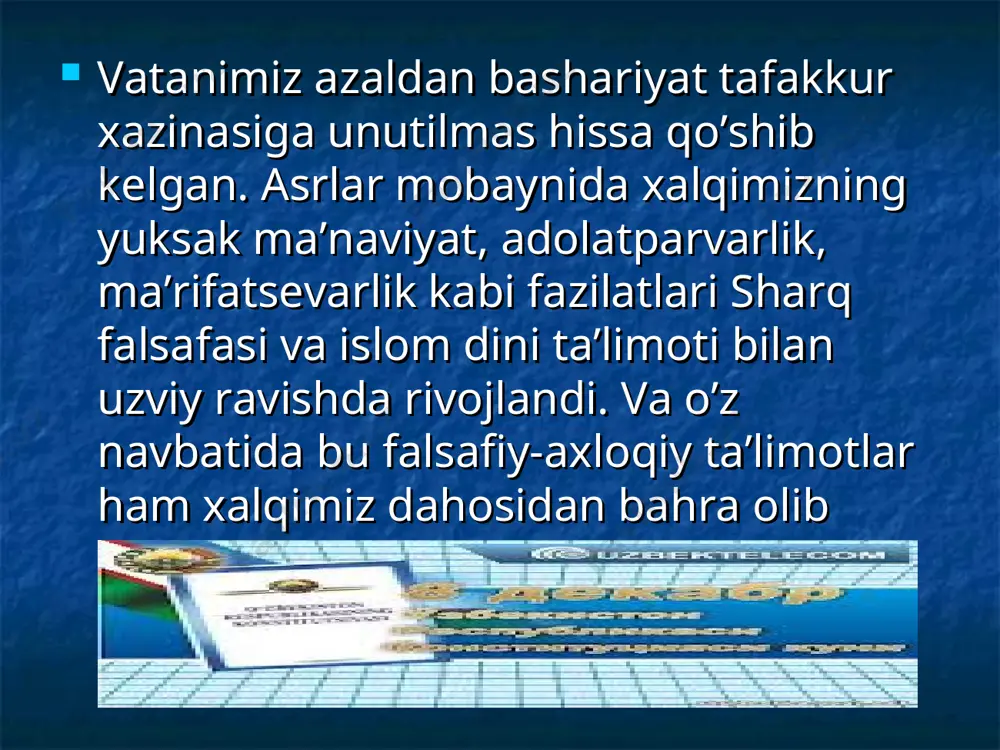 o’lkamiz uchun faxr-iftixor tuygusi bilan qayd etib o’tish kerak. sobiq ittifoqdagi respublikalardan birinchi bo’lib prezidentlik boshqaruvini amalda joriy etgan ham, keng miqyosdagi islohotlarni amalga oshirish, jamiyatni tubdan o’zgartirish va yangilash yo’liga o’tib olgan ham bizning respublika bo’ldi. o’zbek xalqining ajralmas huquqi - o’z taqdirini o’zi belgilash huquqi ro’yobga chiqarildi. 1991 yilning 31 avgustida o’zbekiston respublikasining mustaqilligi e’lon qilindi. muqaddas orzu ushaldi - uzbekiston tinch, parlament yo’li bilan o’zining haqiqiy davlatchiligiga erishdi» respublika ko’pmillatli aholisining irodasi «o’zbekiston respublikasi davlat mustaqilligining asoslari to’g’risida»gi konstitutsiyaviy qonunda mustahkamlandi va umumxalq referendumida yakdillik bilan tasdiqlandi. konstitutsiyaviy sud - mustaqil va tashkiliy jihatdan qonun chiqaruvchi va ijroiya hokimiyatlaridan alohida turadi. yangi konstitutsiya bo’yicha konstitutsiyaviy sud an’anaviy vakolatlari qonunlar, xalqaro shartnomalar va bitimlarning konstitutsiyaga mos kelishi, vakolatlar to’g’risida hokimiyat tarmoklari o’rtasidagi nizolarni hal etish va hokazolardan tashqari yana bir muhim imtiyoz - konstitutsiya va huquqning umumiy tamoyillarini talqin etish huquqini ham oldi (o’zbekiston respublikasi konstitutsiyasining 109-modda, 3-bandi). …